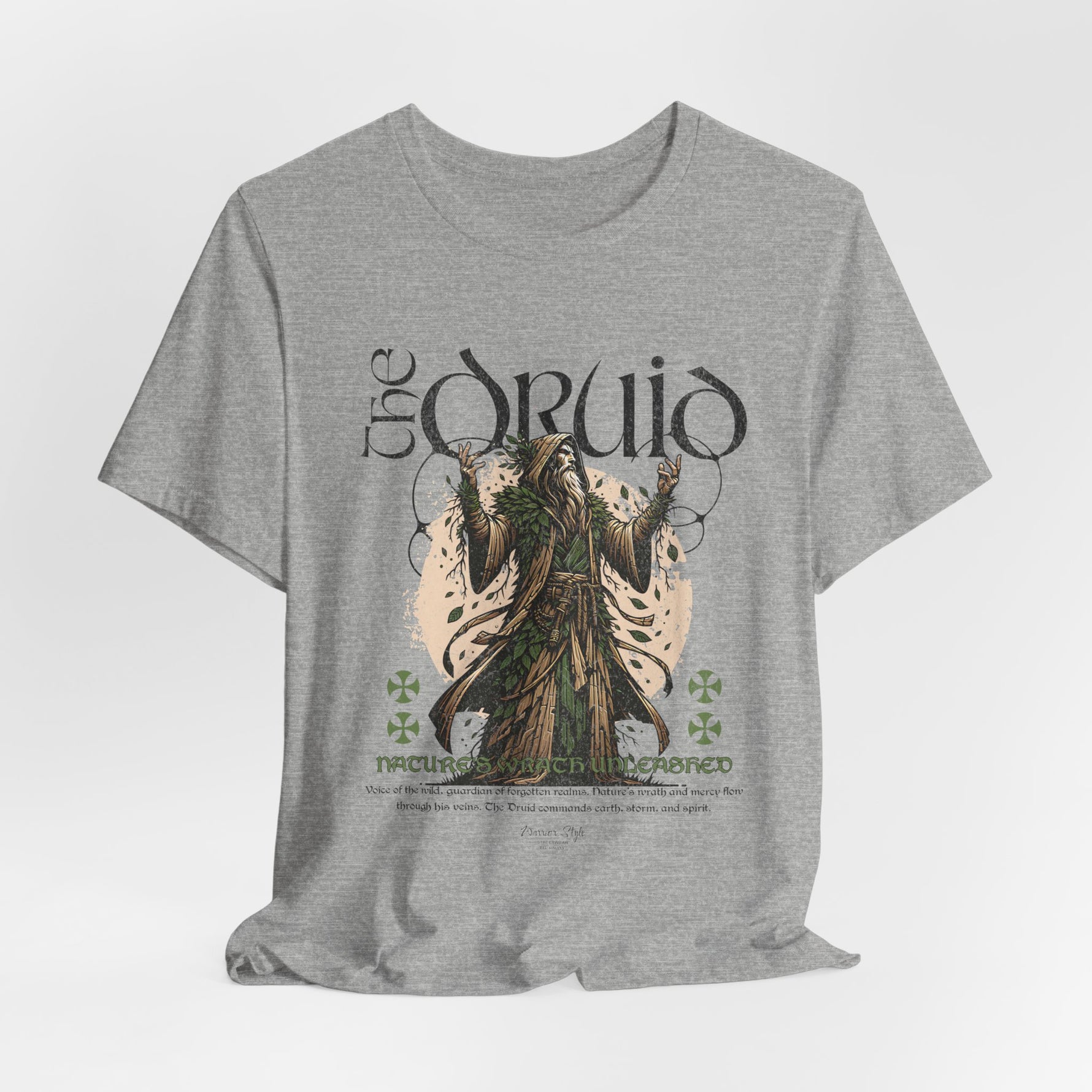 The DRUID t-shirt in Athletic Heather — mist and breath, woven into ritual.