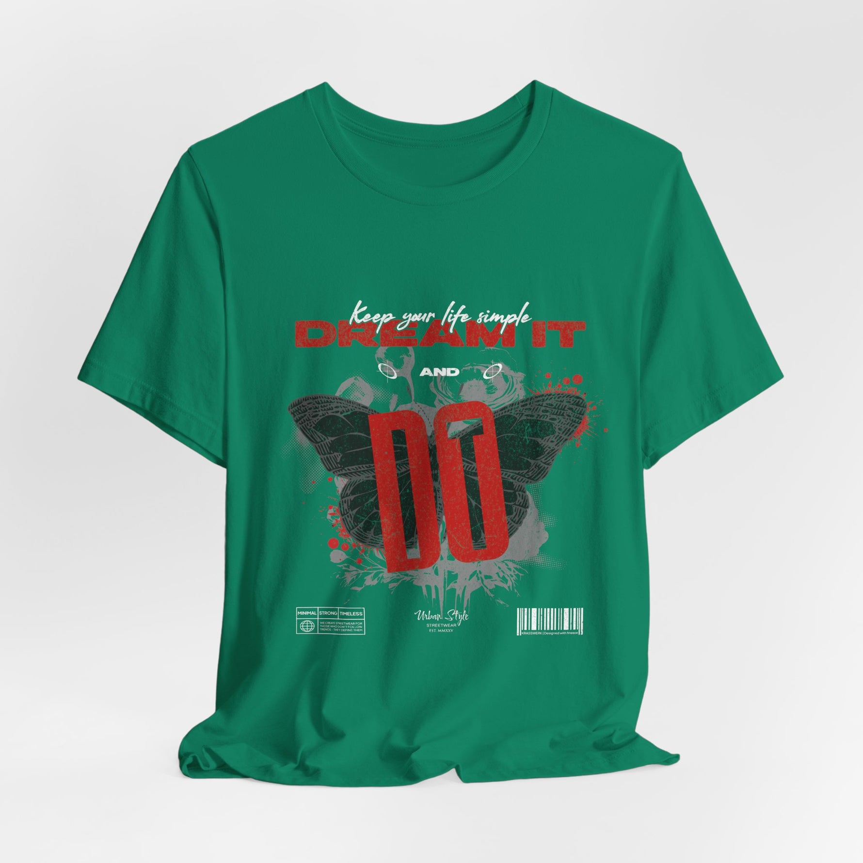 The DREAM IT DO IT t-shirt in Kelly — bright green adds bold contrast to the red and black design.