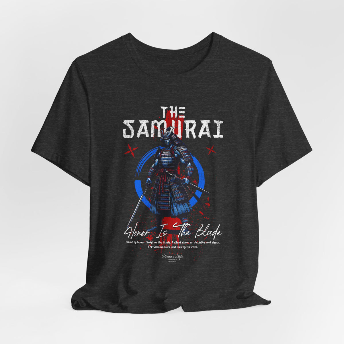The Samurai t-shirt in Dark Heather Grey — like ash before the storm.