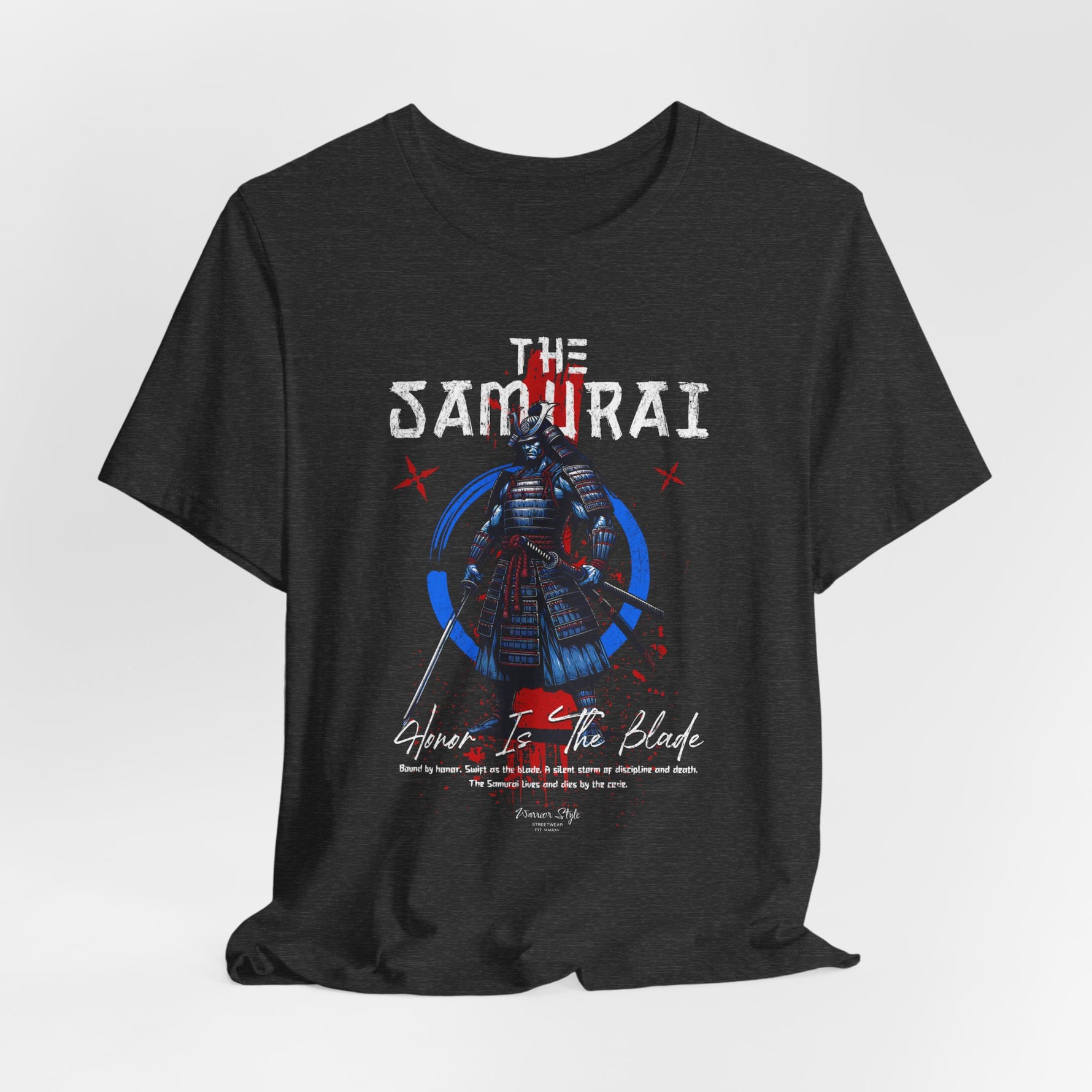 The Samurai t-shirt in Dark Heather Grey — like ash before the storm.