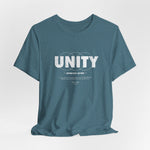The UNITY t-shirt in Heather Deep Teal — cool resolve meets common ground.