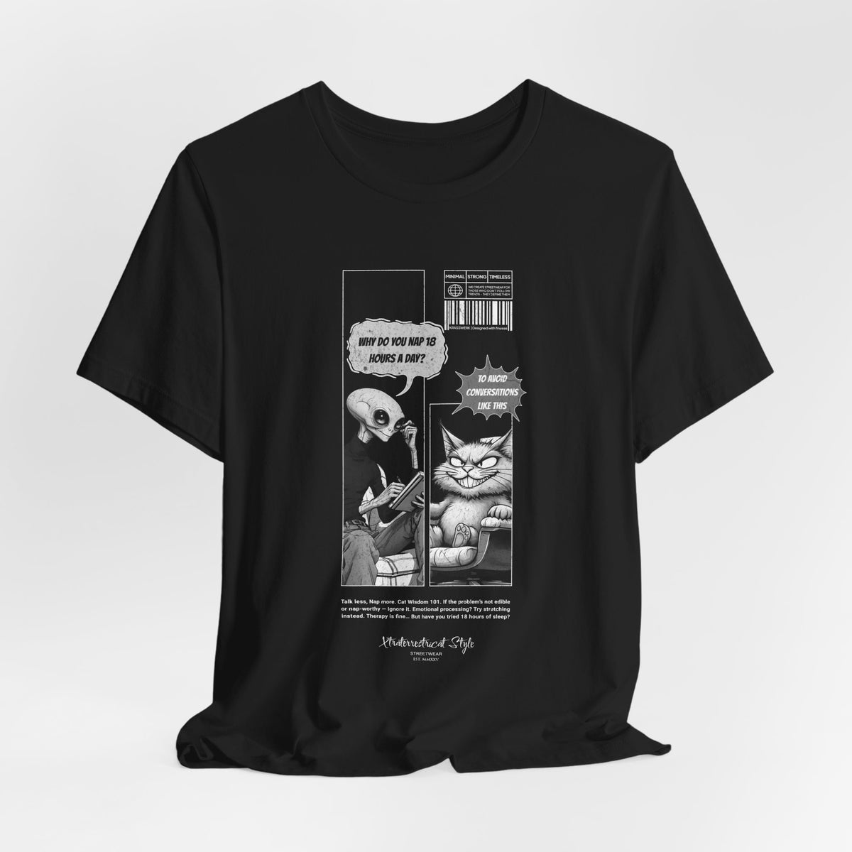 The NAP – 18h A Day t-shirt in Black — Classic black gives the white line art maximum contrast and sharpness.