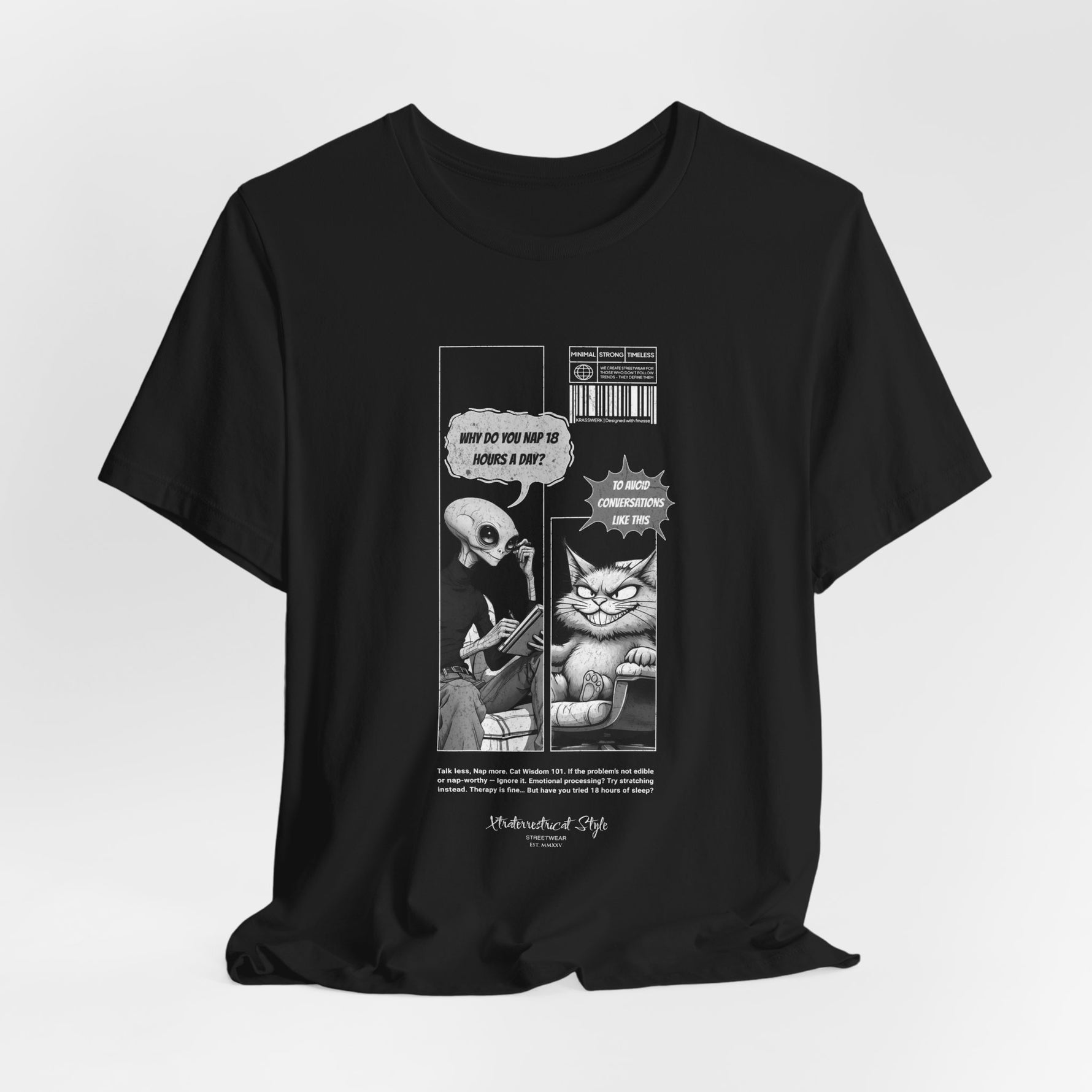 The NAP – 18h A Day t-shirt in Black — Classic black gives the white line art maximum contrast and sharpness.