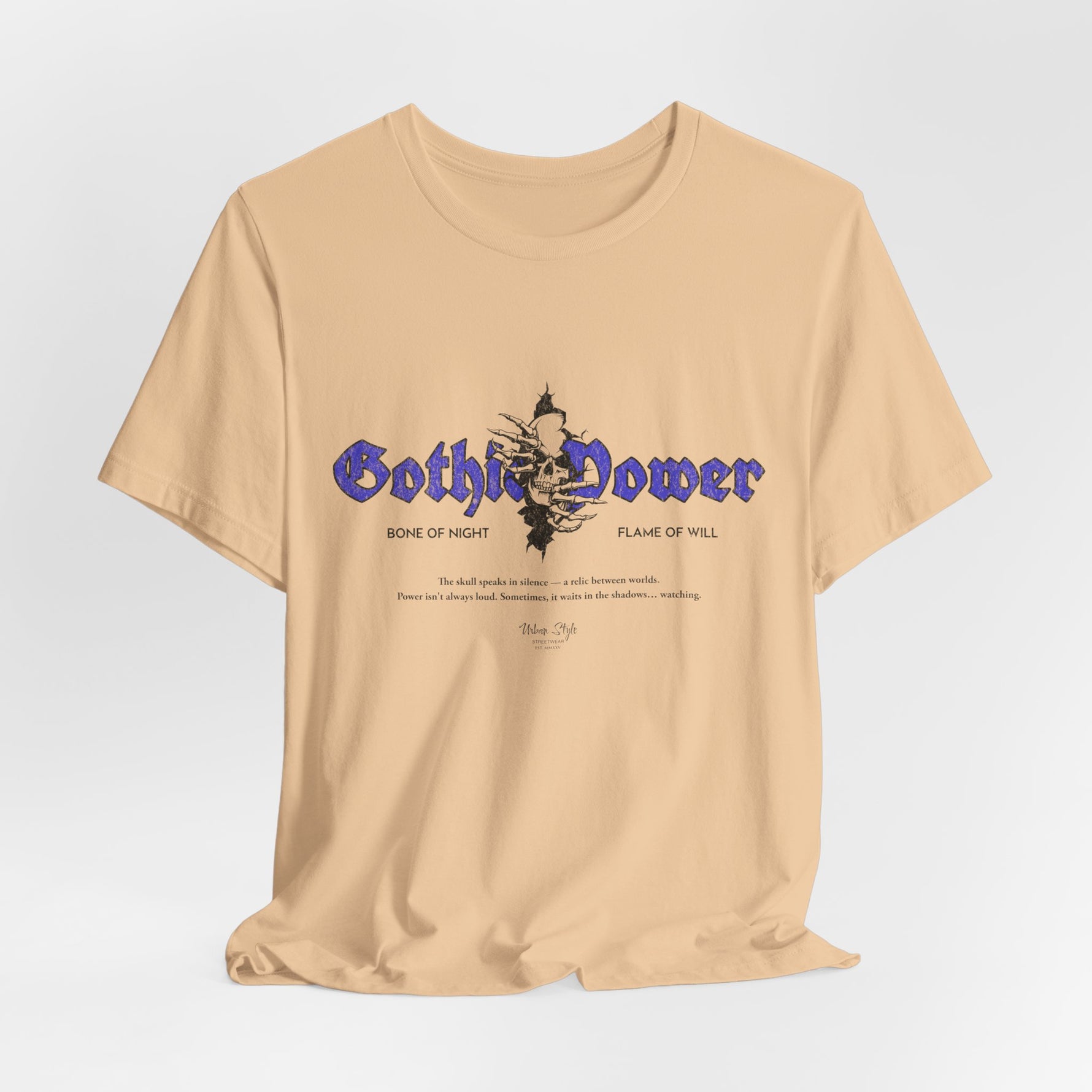 The GOTHIC POWER t-shirt in Sand Dune — dust of empires, grit of the forgotten.