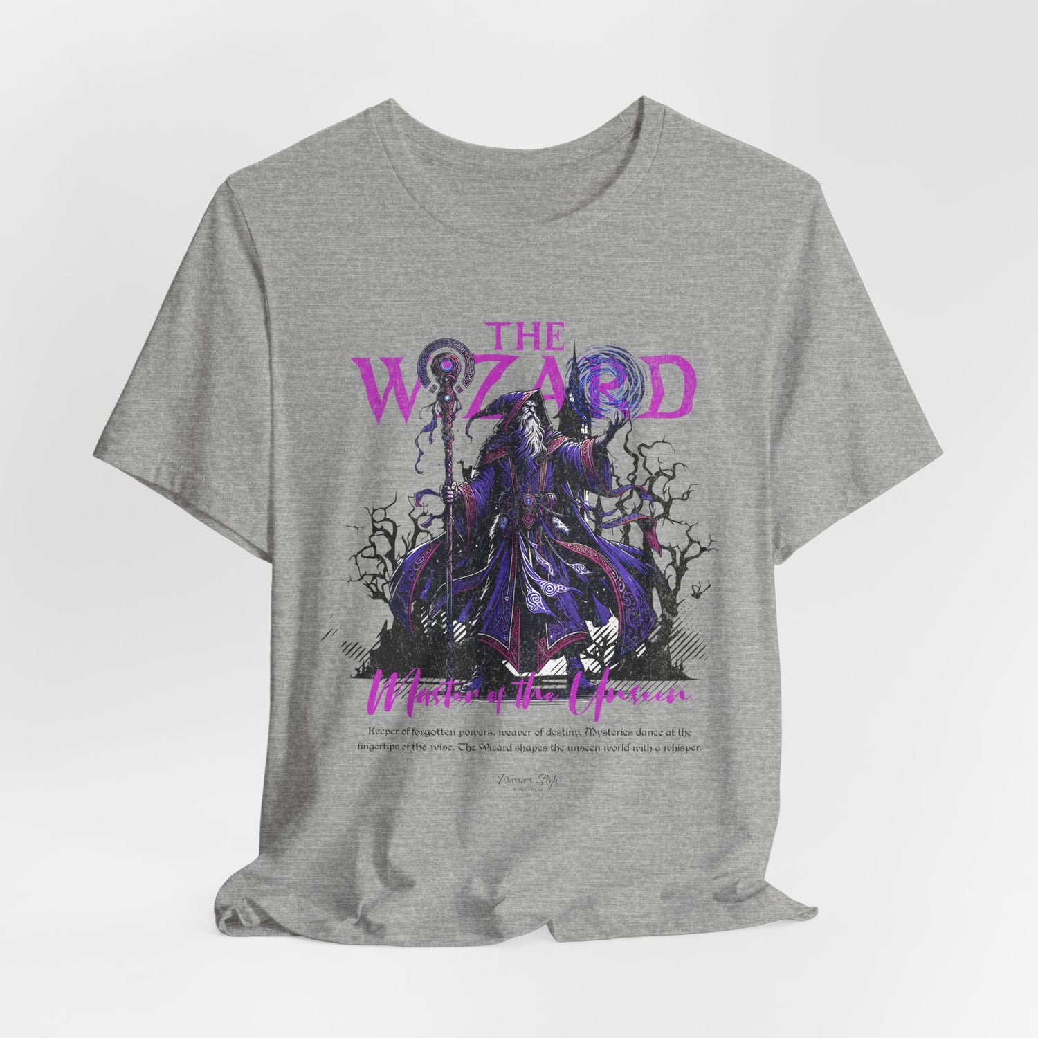 The Wizard t-shirt in Athletic Heather — Subtle magic simmering in soft steel.