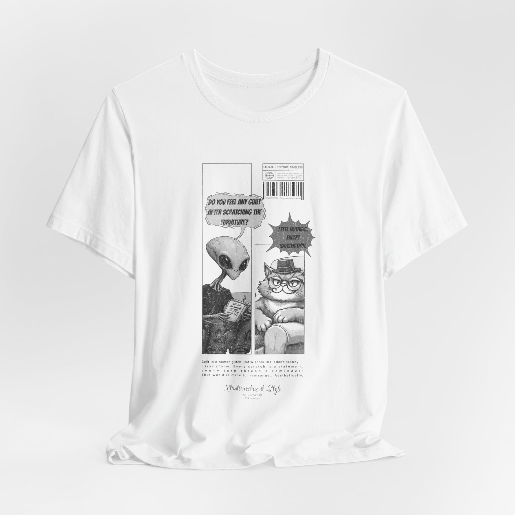 The Satisfiction t-shirt in white — 3D mockup with clean white fabric. No background or model.