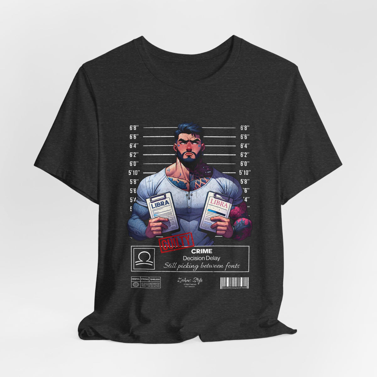 3D mockup of the LIBRA t-shirt in Dark Heather Grey — deep textured grey with slight speckling. NO BACKGROUND. NO MODEL.