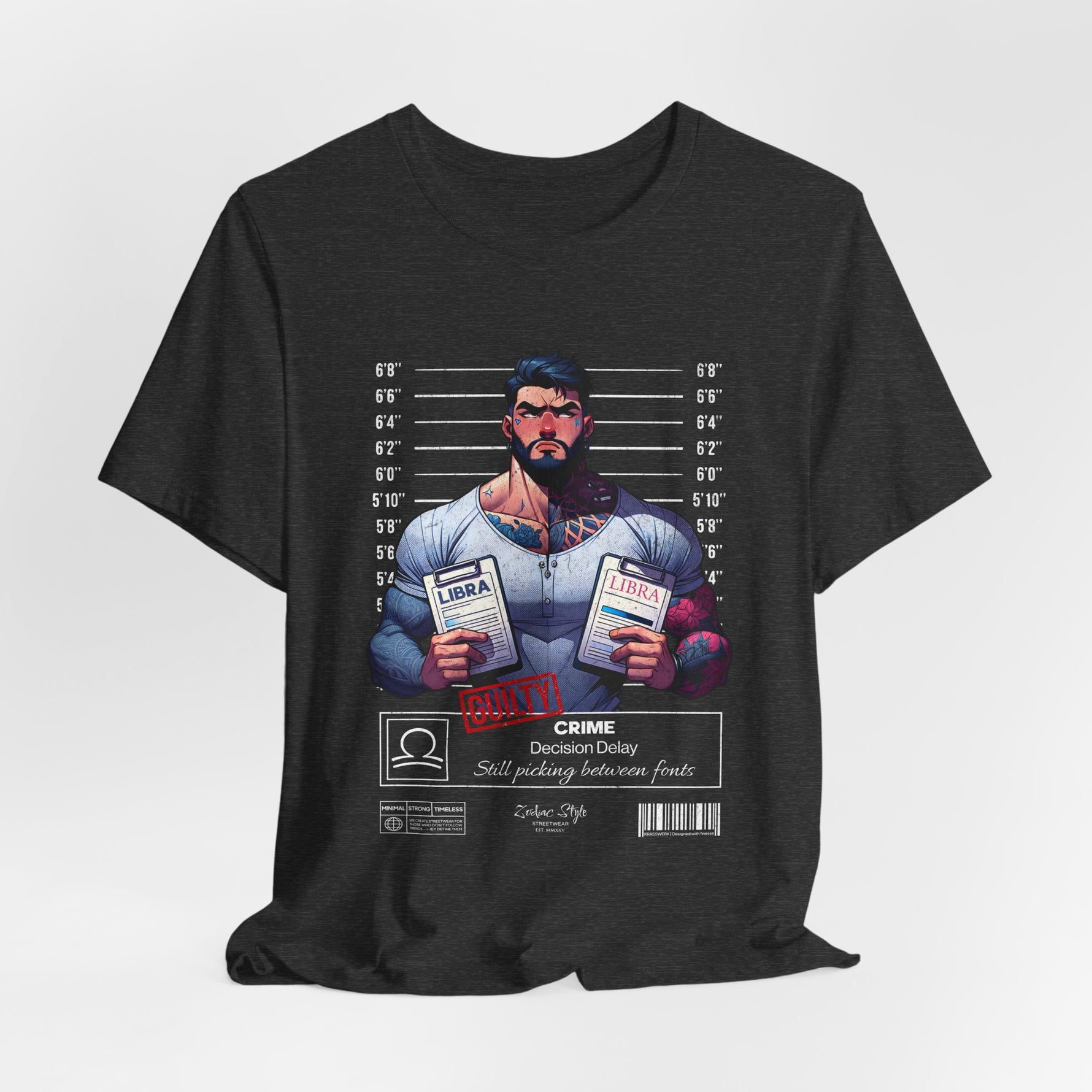 3D mockup of the LIBRA t-shirt in Dark Heather Grey — deep textured grey with slight speckling. NO BACKGROUND. NO MODEL.