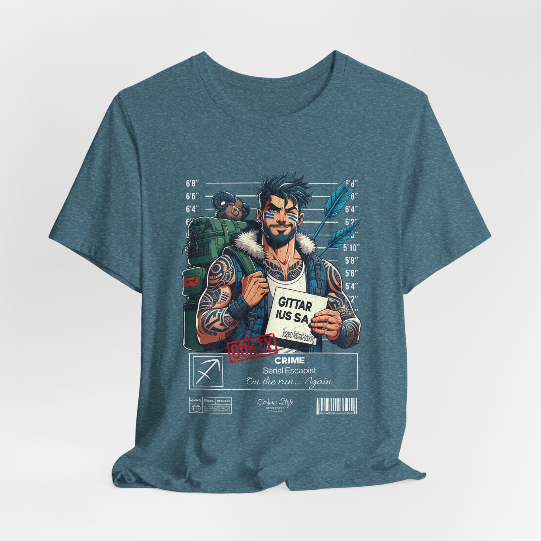 The SAGITTARIUS t-shirt in Heather Deep Teal — balanced blue-green for calculated detachment. 3D mockup on white background. No model included.