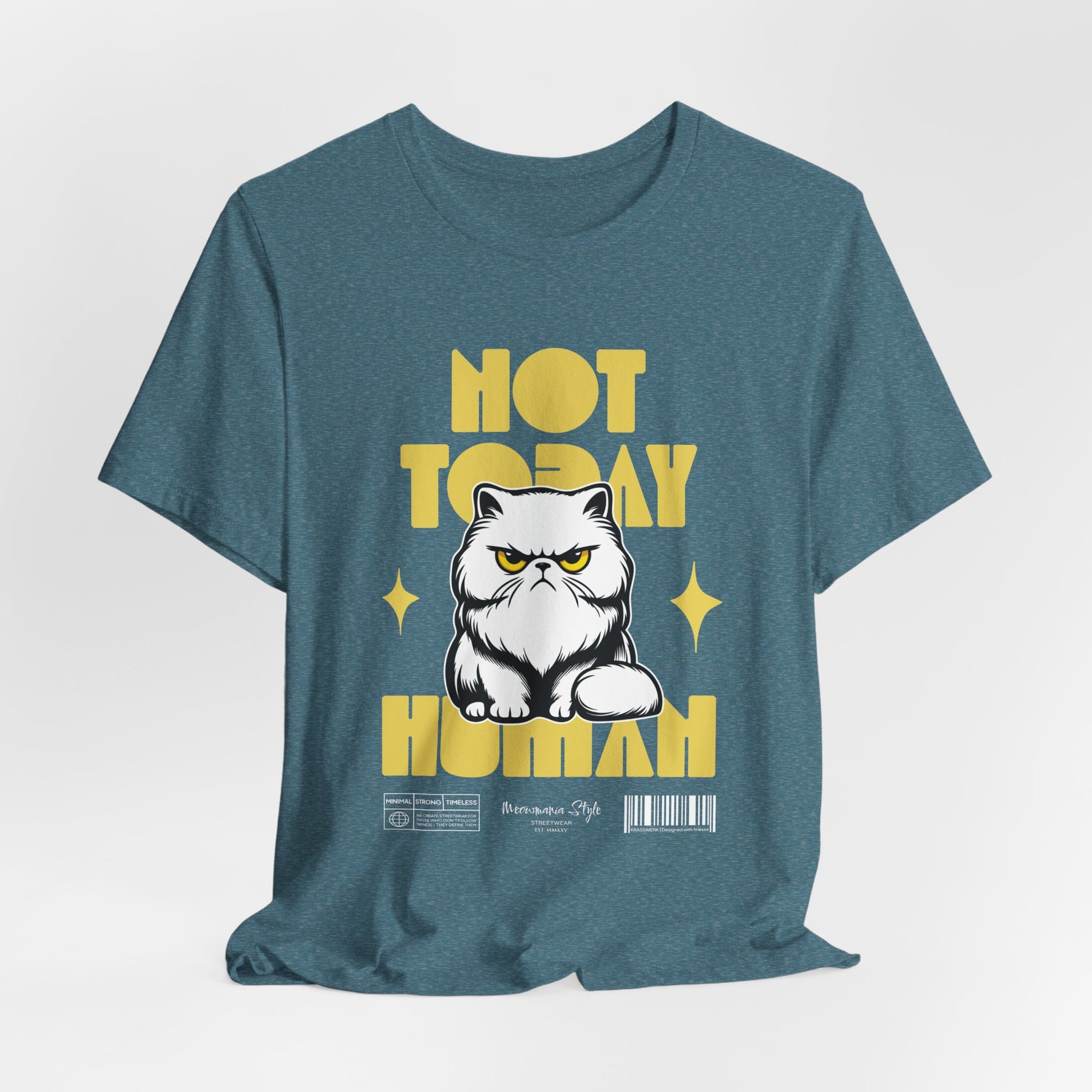 The NOT TODAY t-shirt in Heather Deep Teal — grump meets ocean depth.