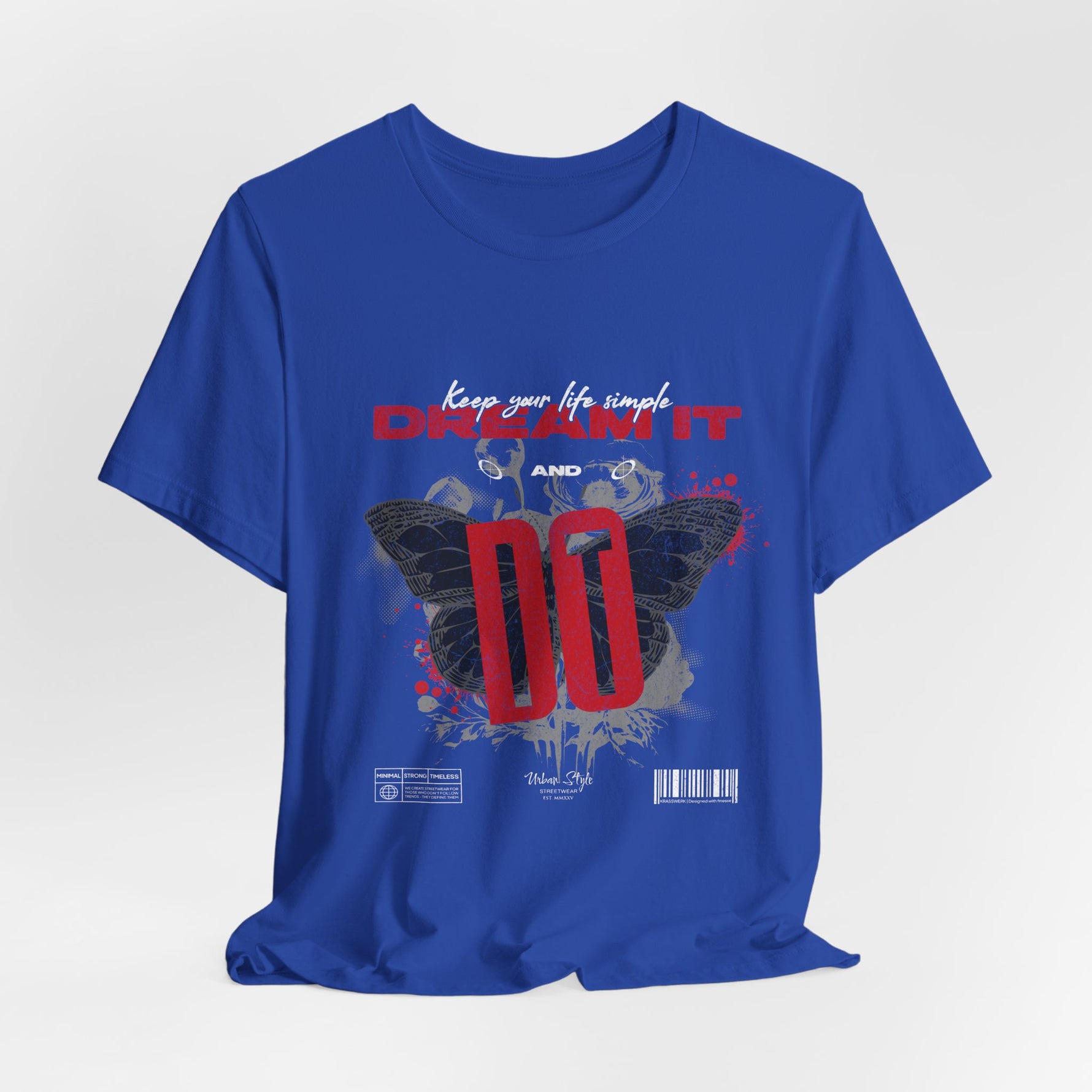 The DREAM IT DO IT t-shirt in True Royal — a saturated royal blue giving the shirt a modern streetwear twist.