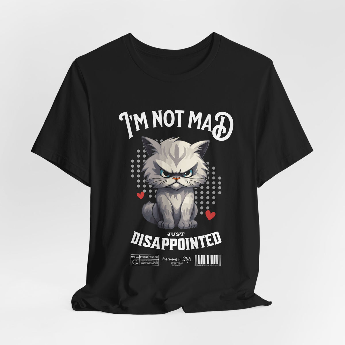The NOT MAD t-shirt in Black — 3D mockup of a jet black shirt; product only, no environment.