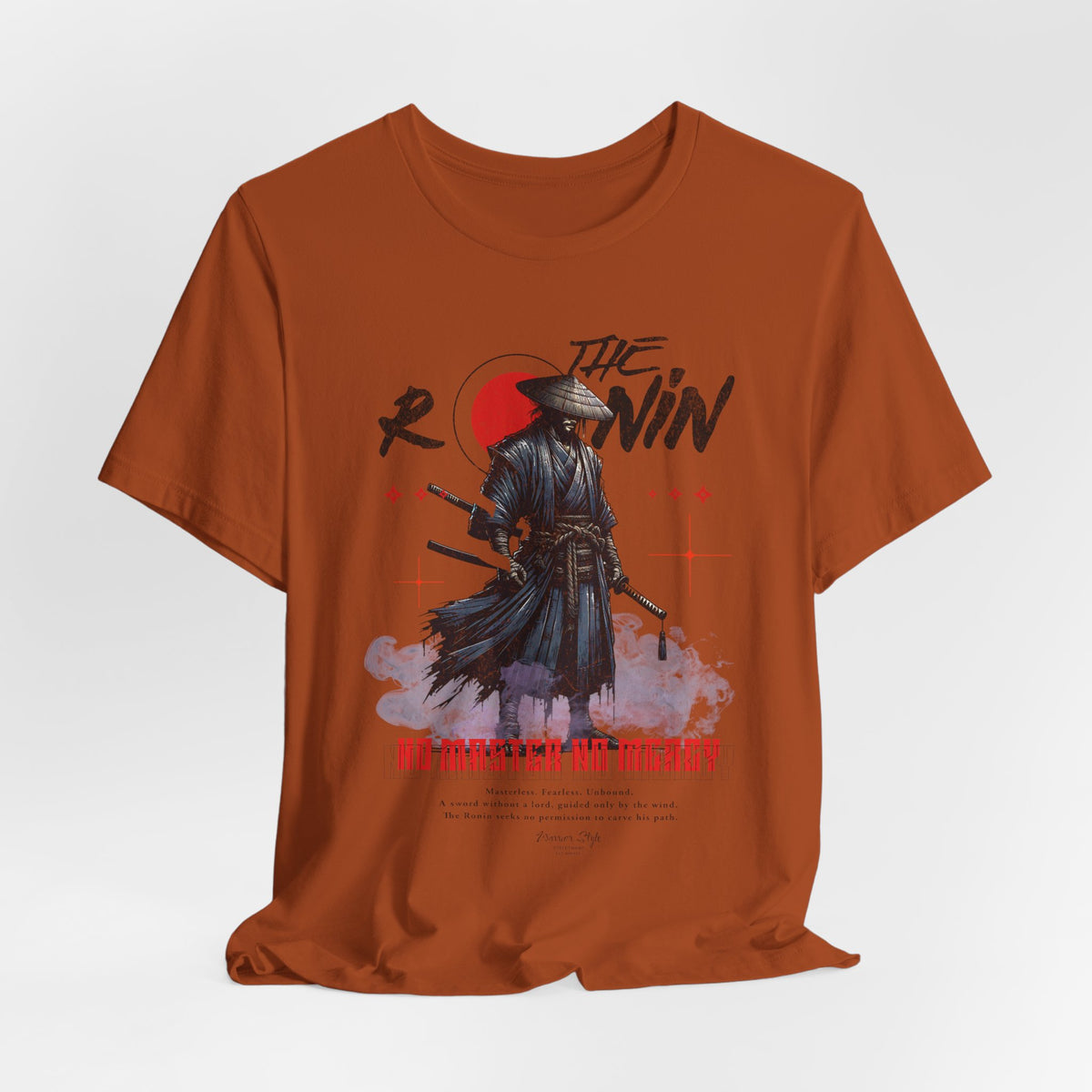 The Ronin t-shirt in Autumn — a lone warrior cloaked in fire-colored silence.