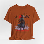 The Ronin t-shirt in Autumn — a lone warrior cloaked in fire-colored silence.