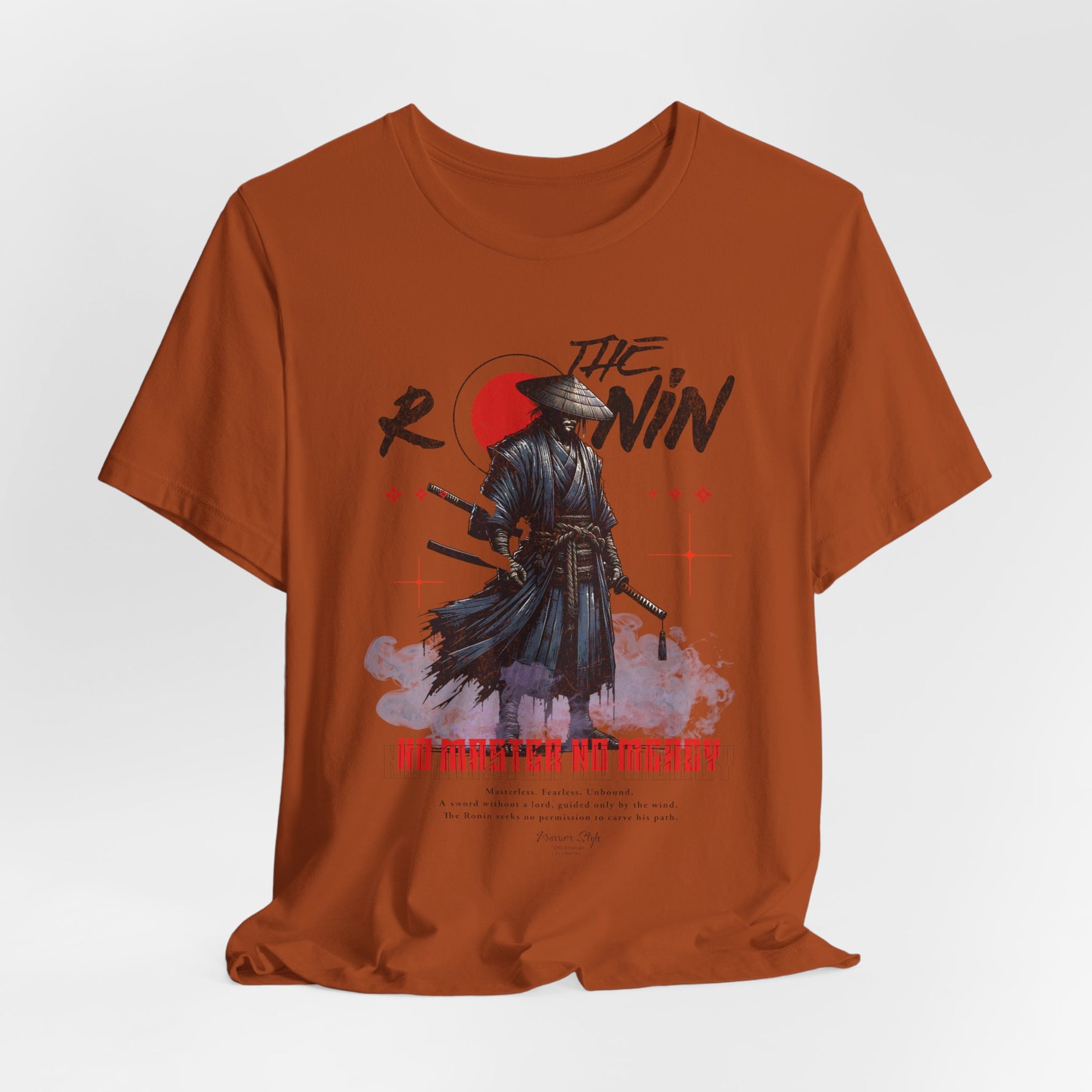 The Ronin t-shirt in Autumn — a lone warrior cloaked in fire-colored silence.