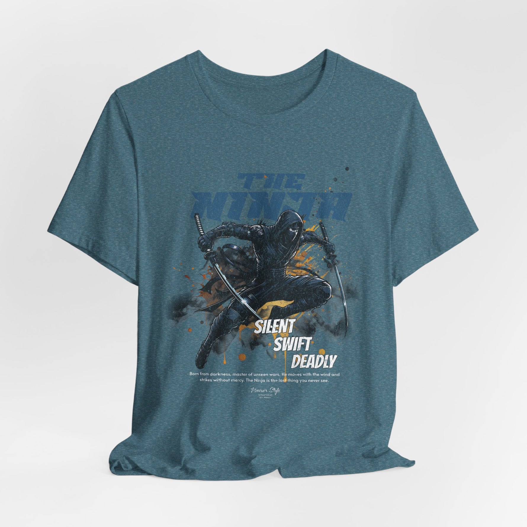 The NINJA t-shirt in Heather Deep Teal — the stillness before a storm breaks.