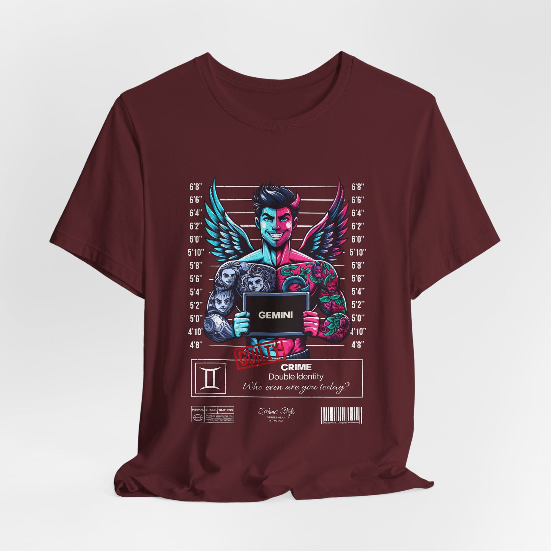 The GEMINI t-shirt in Maroon — Mature twin’s pick. The other one wanted neon.