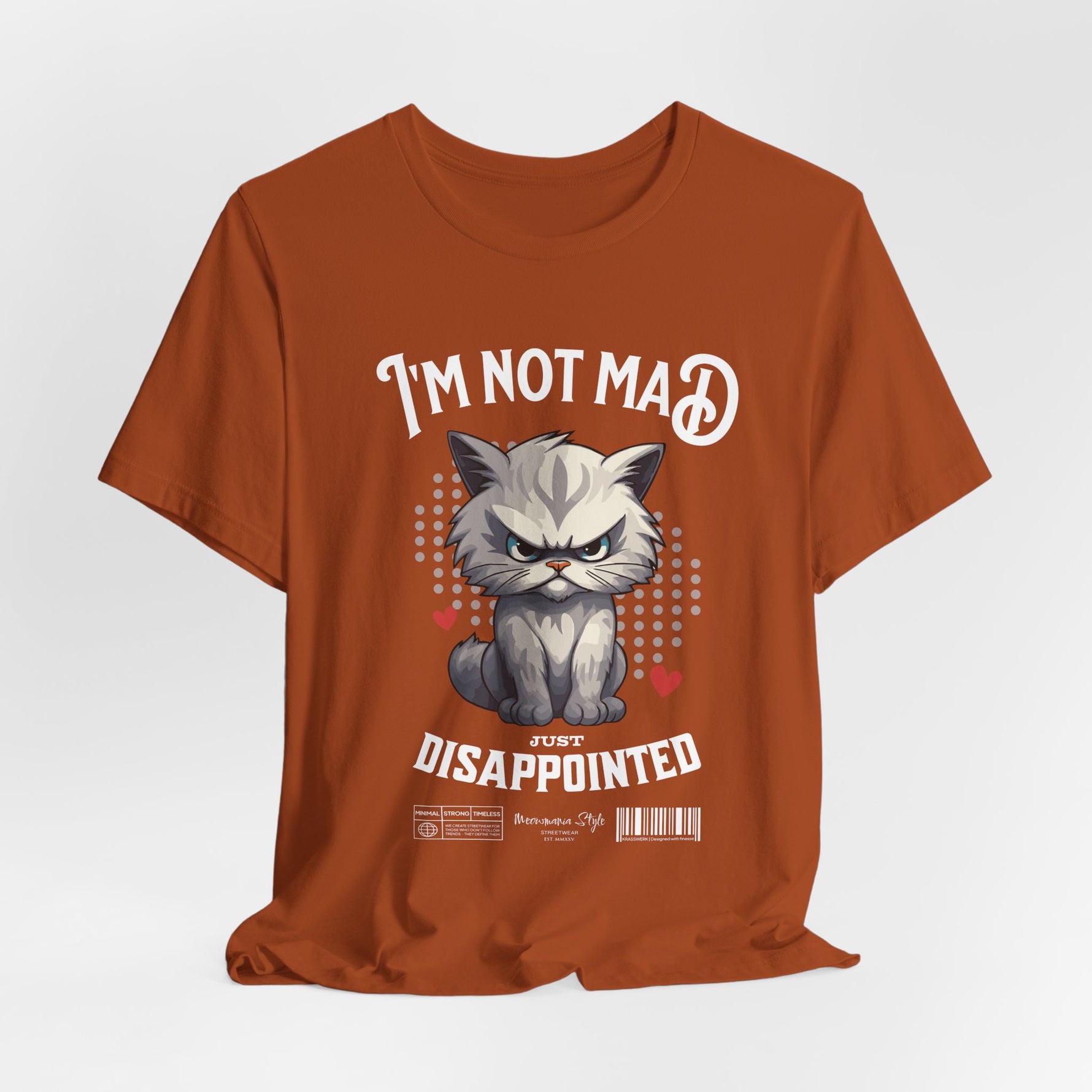 The NOT MAD t-shirt in Autumn — 3D mockup of a dark orange shirt; no background, no model.