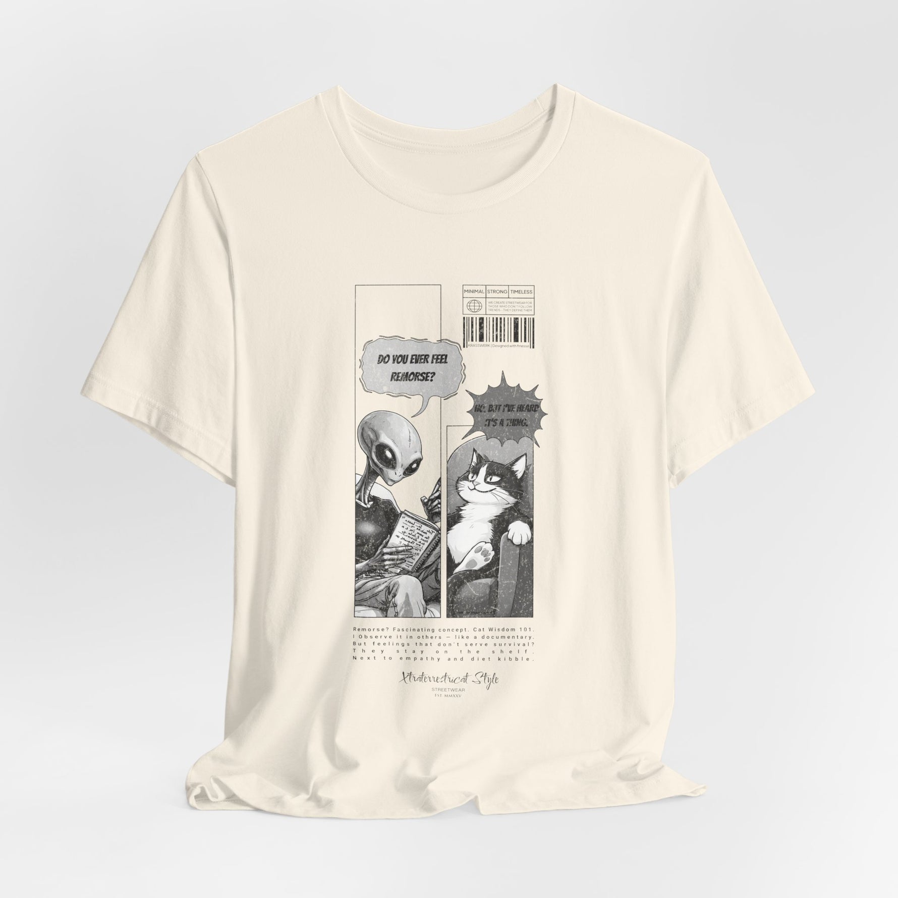 The FEEL REMORSE? t-shirt in natural — 3D mockup, off-white cream tone, no background, no model.