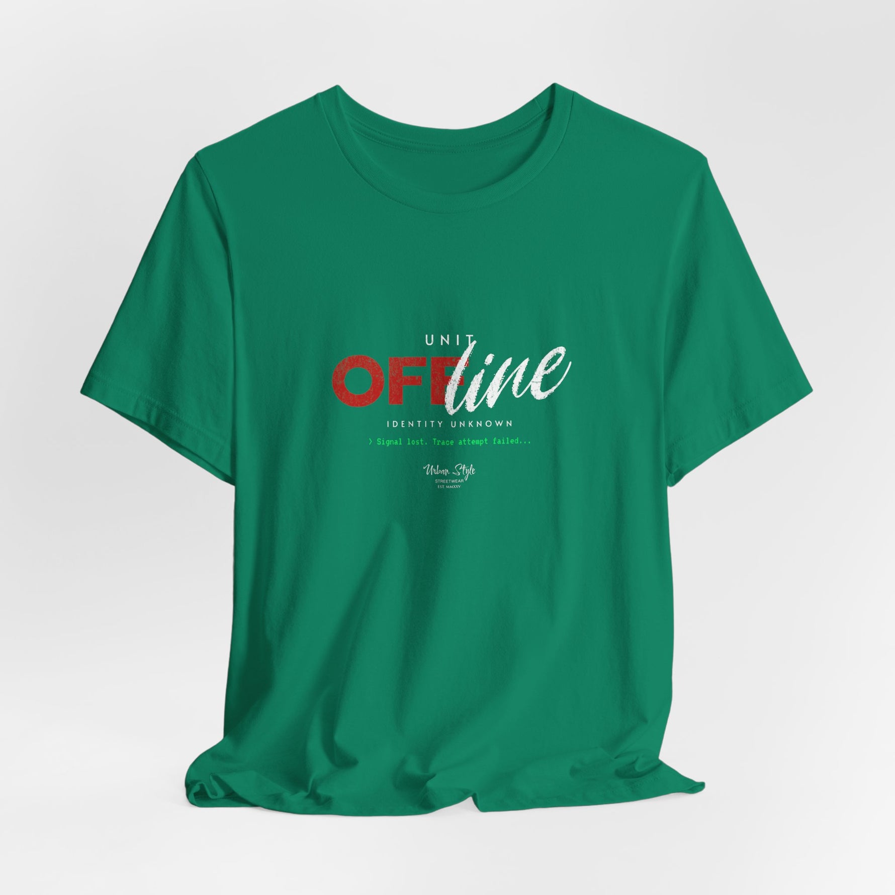 The UNIT OFFLINE t-shirt in kelly — a rogue trace alive in green code.