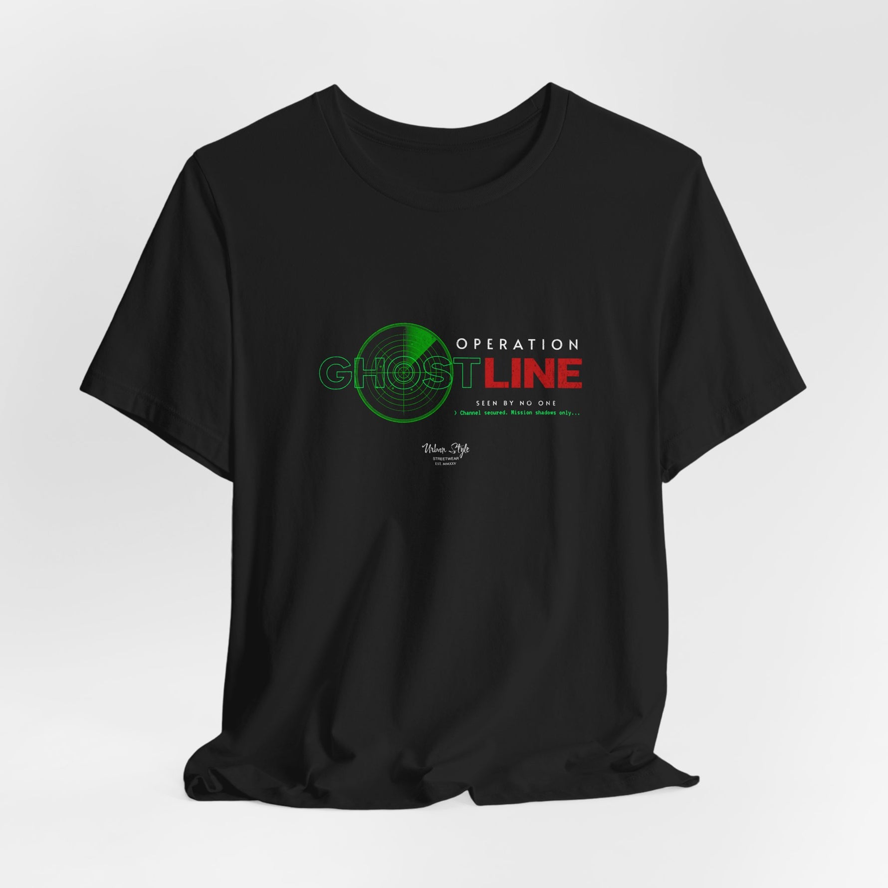 The OPERATION GHOSTLINE t-shirt in black — total blackout. No signal. No presence.