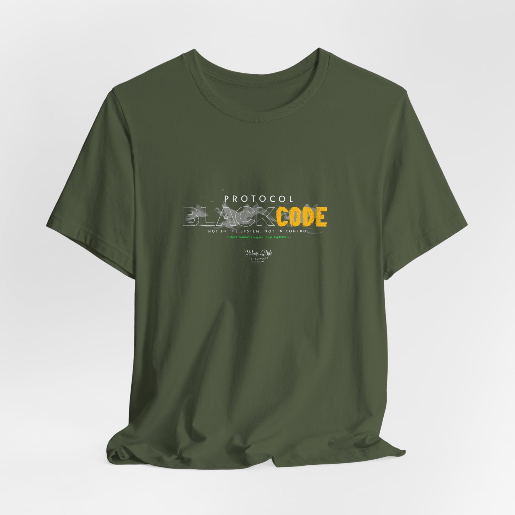 The PROTOCOL BLACKCODE t-shirt in Military Green — like tactics printed in silence. 3D mockup of a t-shirt in military olive green. No model, no background.