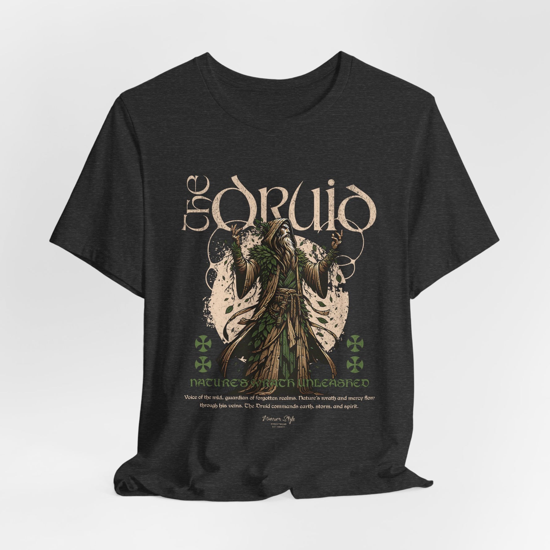 The DRUID t-shirt in Dark Heather Grey — bark-worn wisdom under cloudy skies.