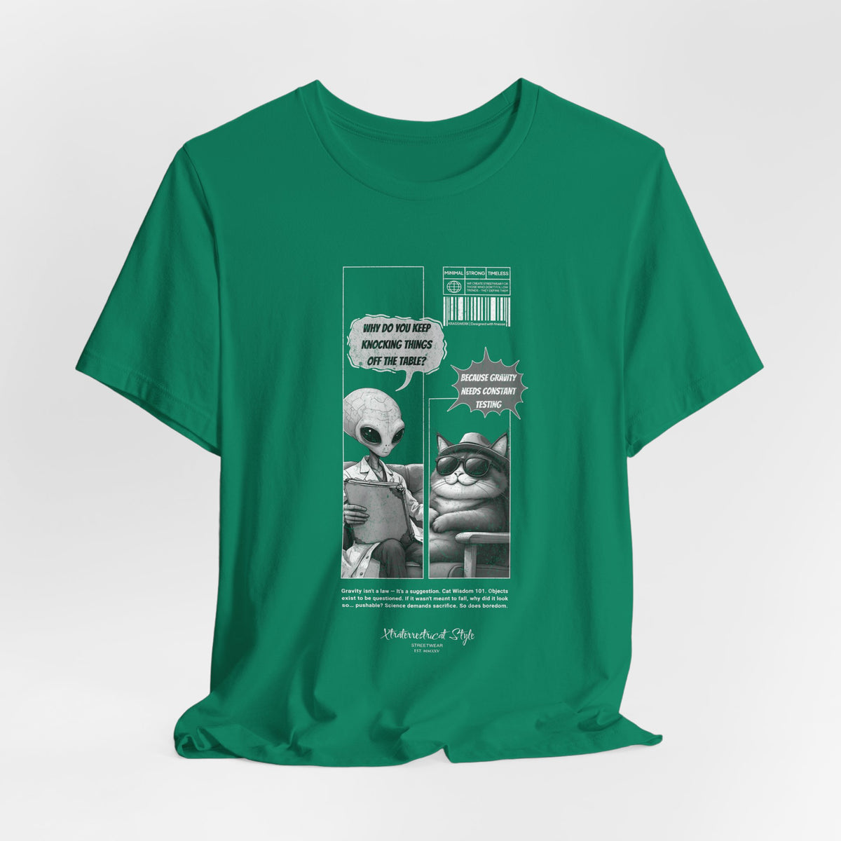 The GRAVITY t-shirt in Kelly — 3D mockup of vivid green shirt with detailed comic print. No background, no human figure.