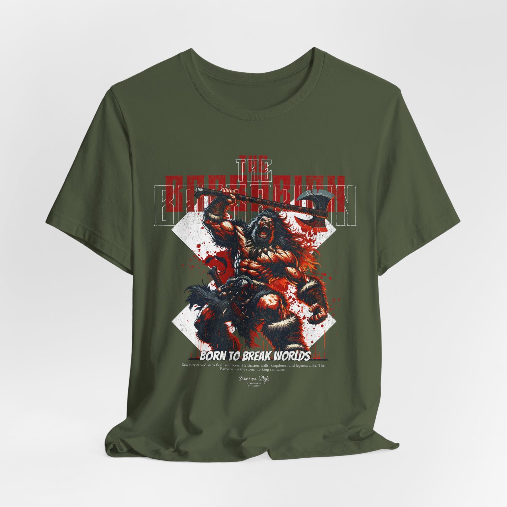 The BARBARIAN t-shirt in Military Green — A primal call rising from forgotten war camps.