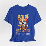The FEED ME t-shirt in trueroyal — regal and commanding, as if the cat rules the kitchen.
