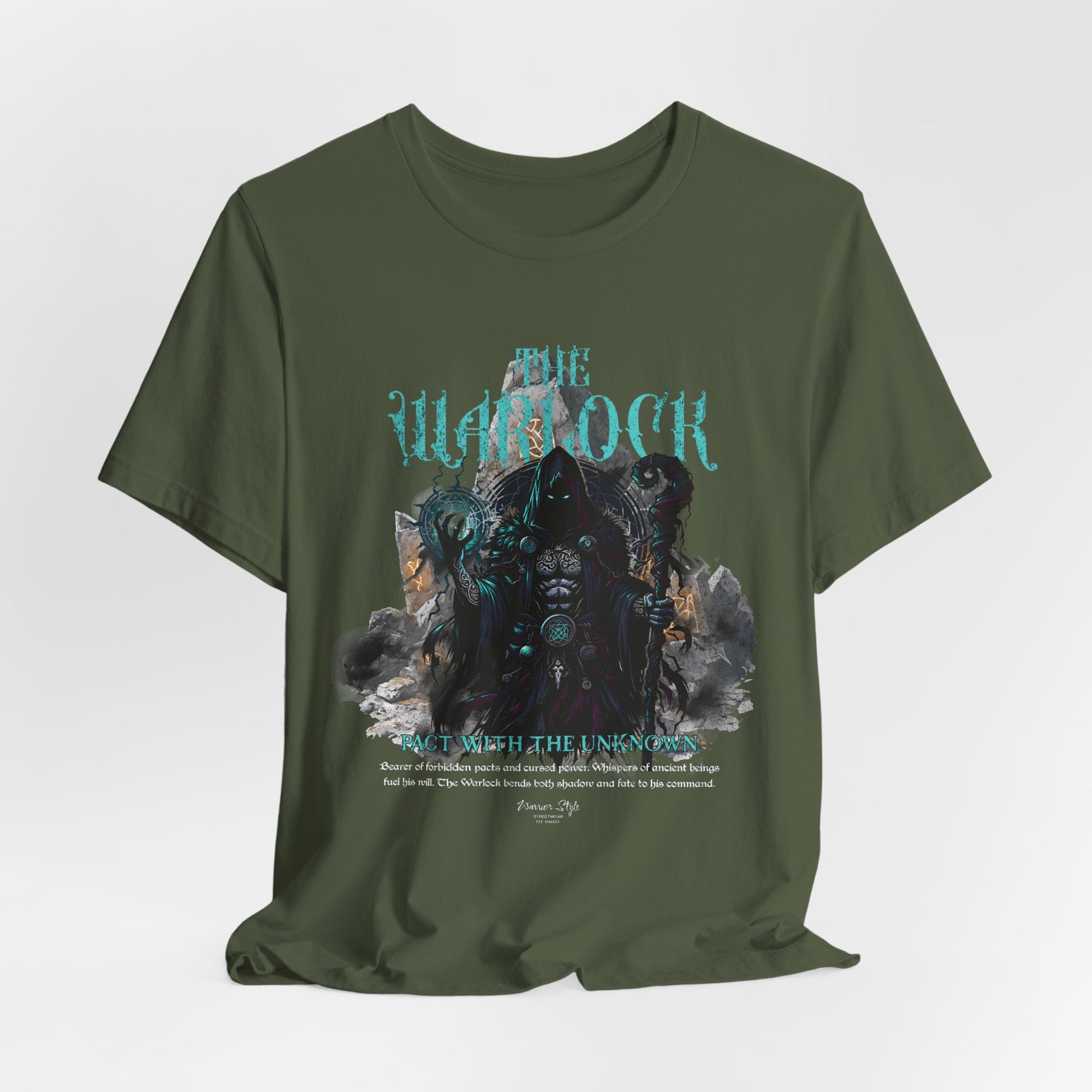 The Warlock t-shirt in Military Green — Worn by those who summon shadows in battle.