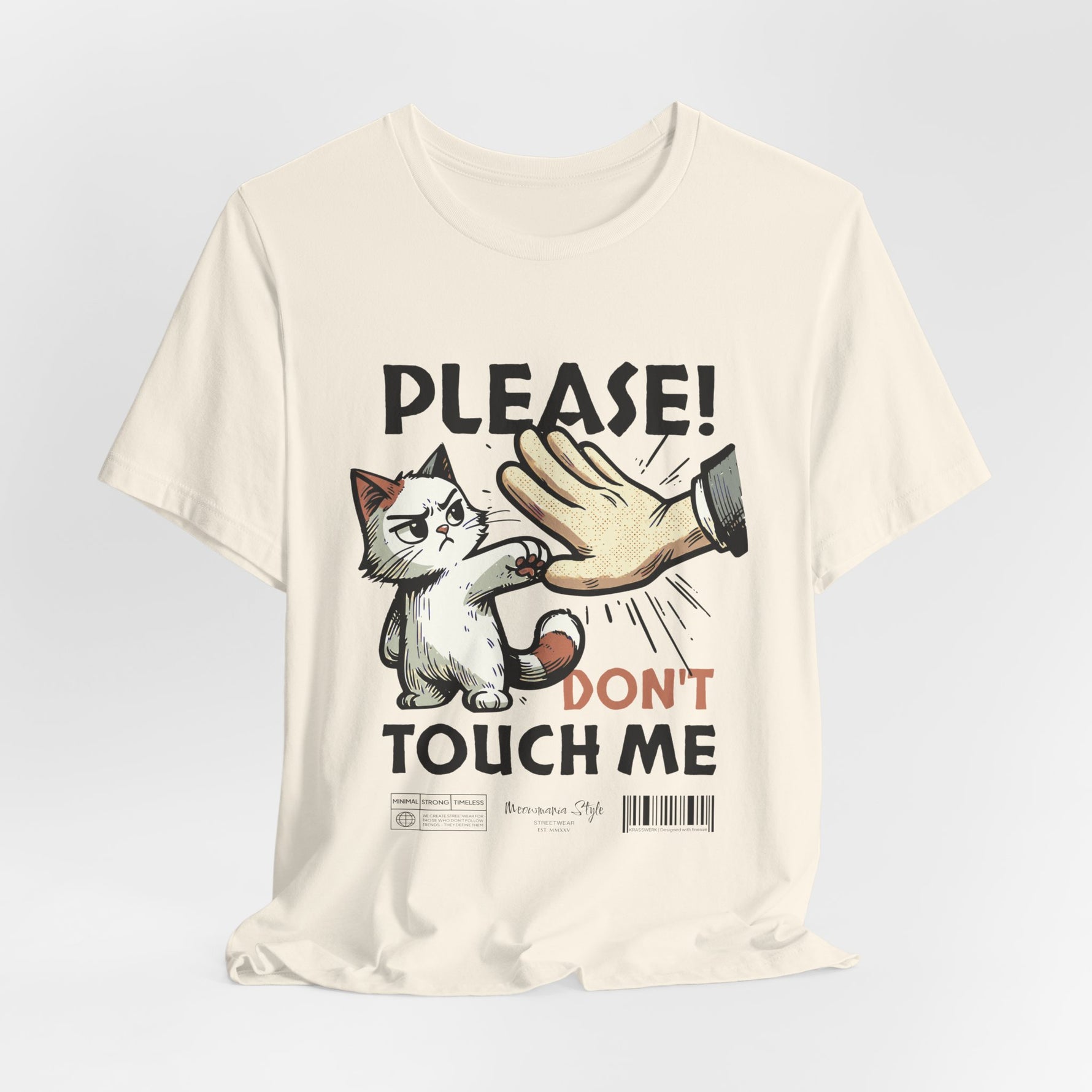 The PLEASE! DON’T TOUCH ME t-shirt in Natural — disapproval, but eco-coded.