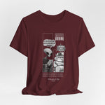 The Satisfiction t-shirt in maroon — 3D mockup with a deep burgundy red color. No background or model.