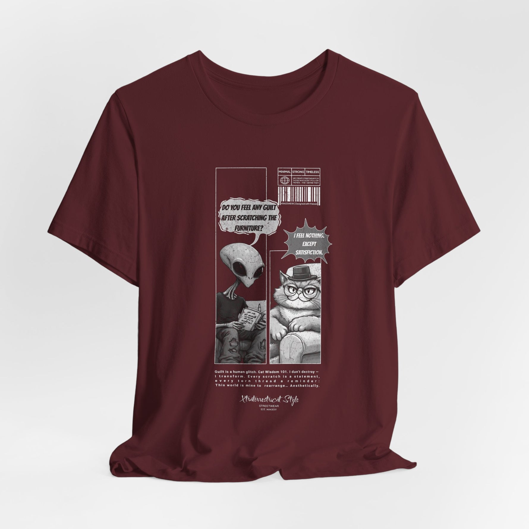 The Satisfiction t-shirt in maroon — 3D mockup with a deep burgundy red color. No background or model.