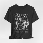 The MANY VOICES t-shirt in Dark Heather Grey — A foggy static tone for a cloudy headspace.