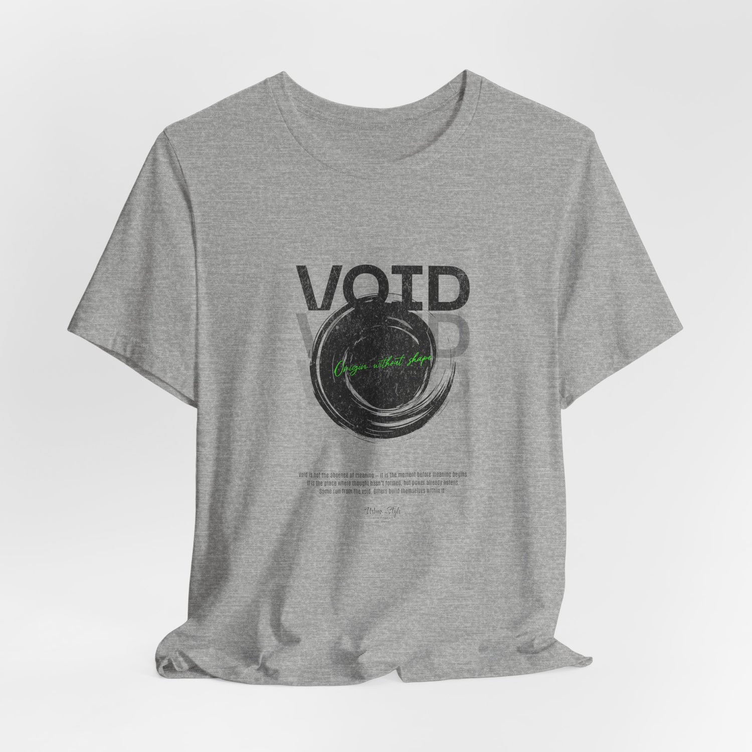 The VOID t-shirt in Athletic Heather — edges of reason, softly blurred.