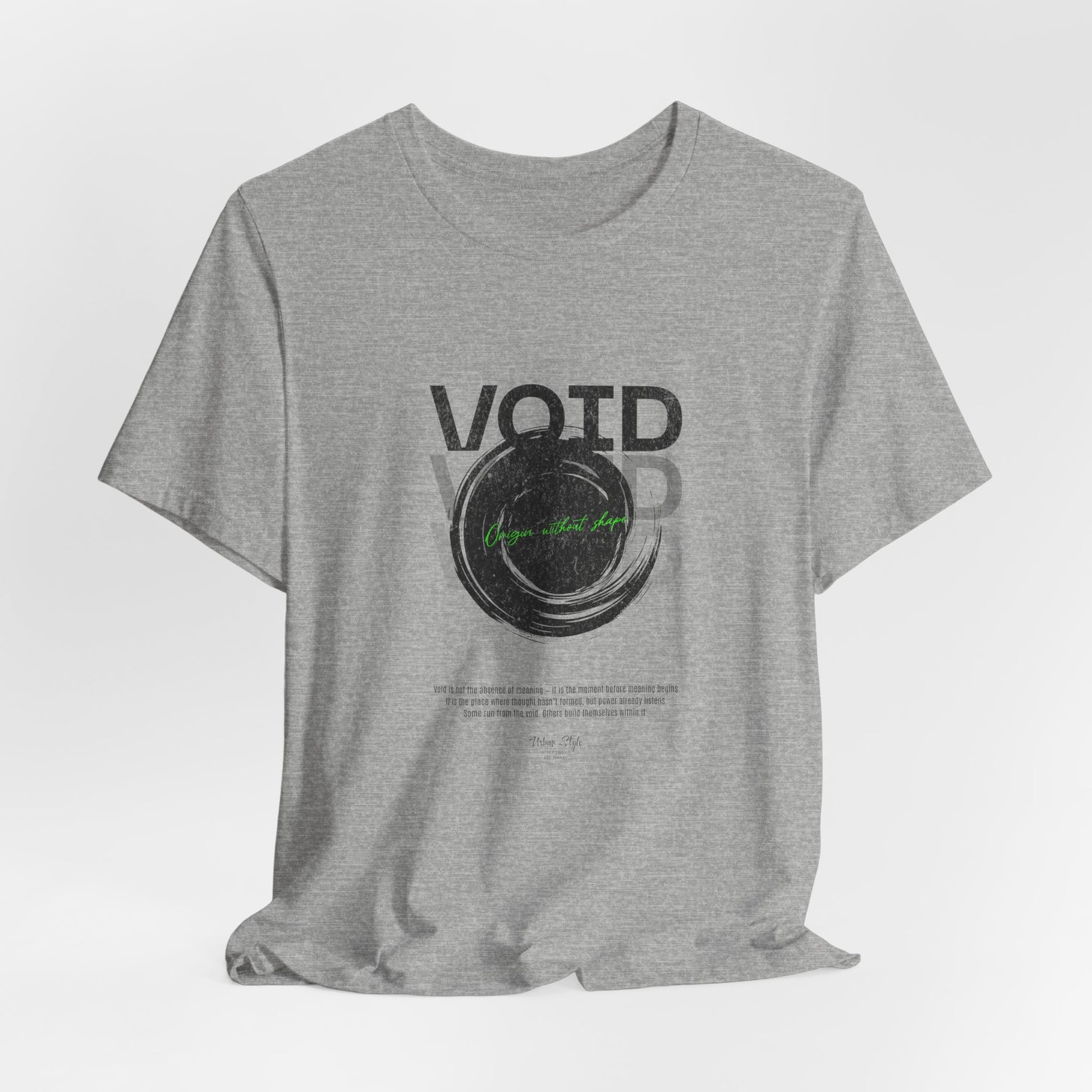 The VOID t-shirt in Athletic Heather — edges of reason, softly blurred.
