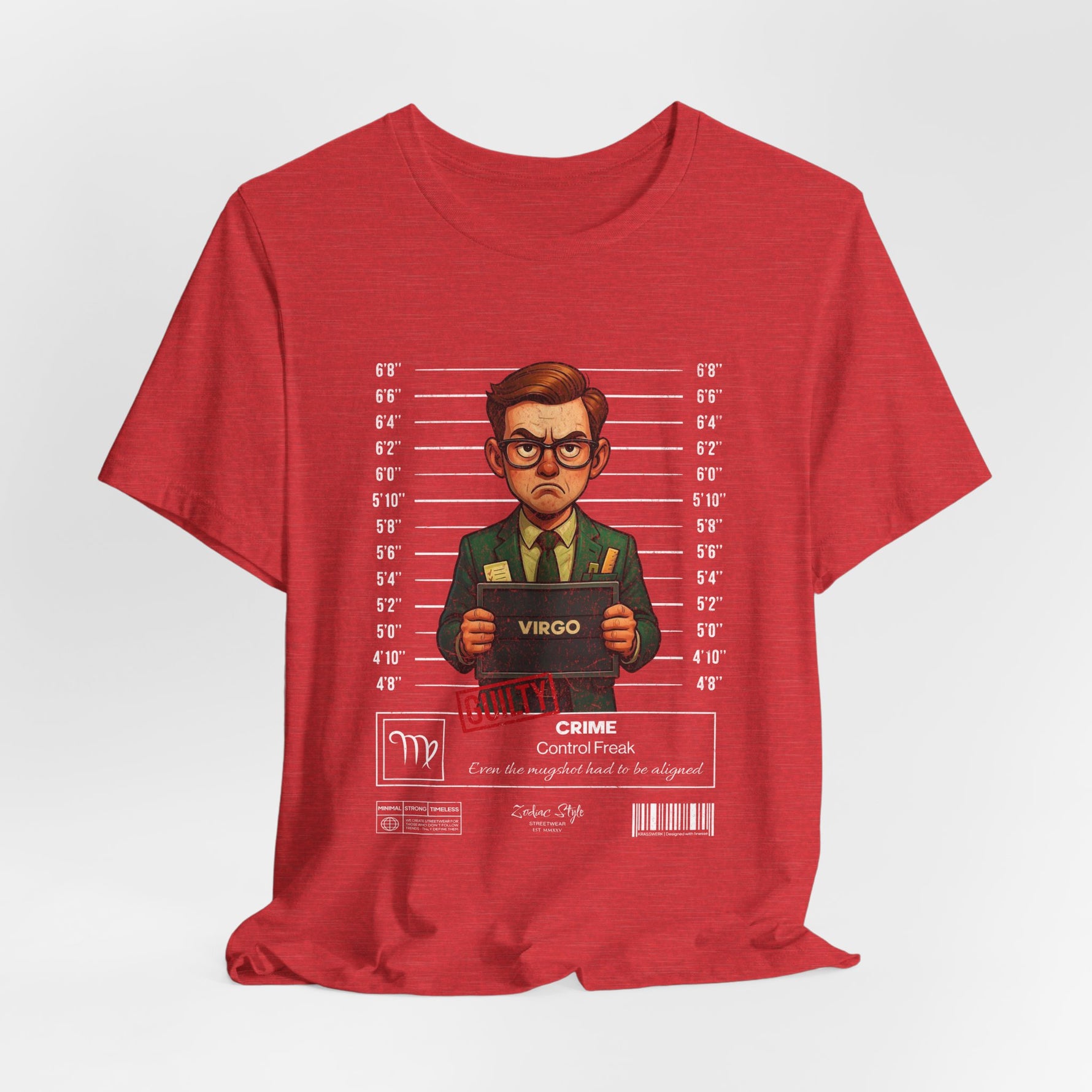 The VIRGO t-shirt in red — 3D mockup of the design on a classic red shirt. No background, no model.