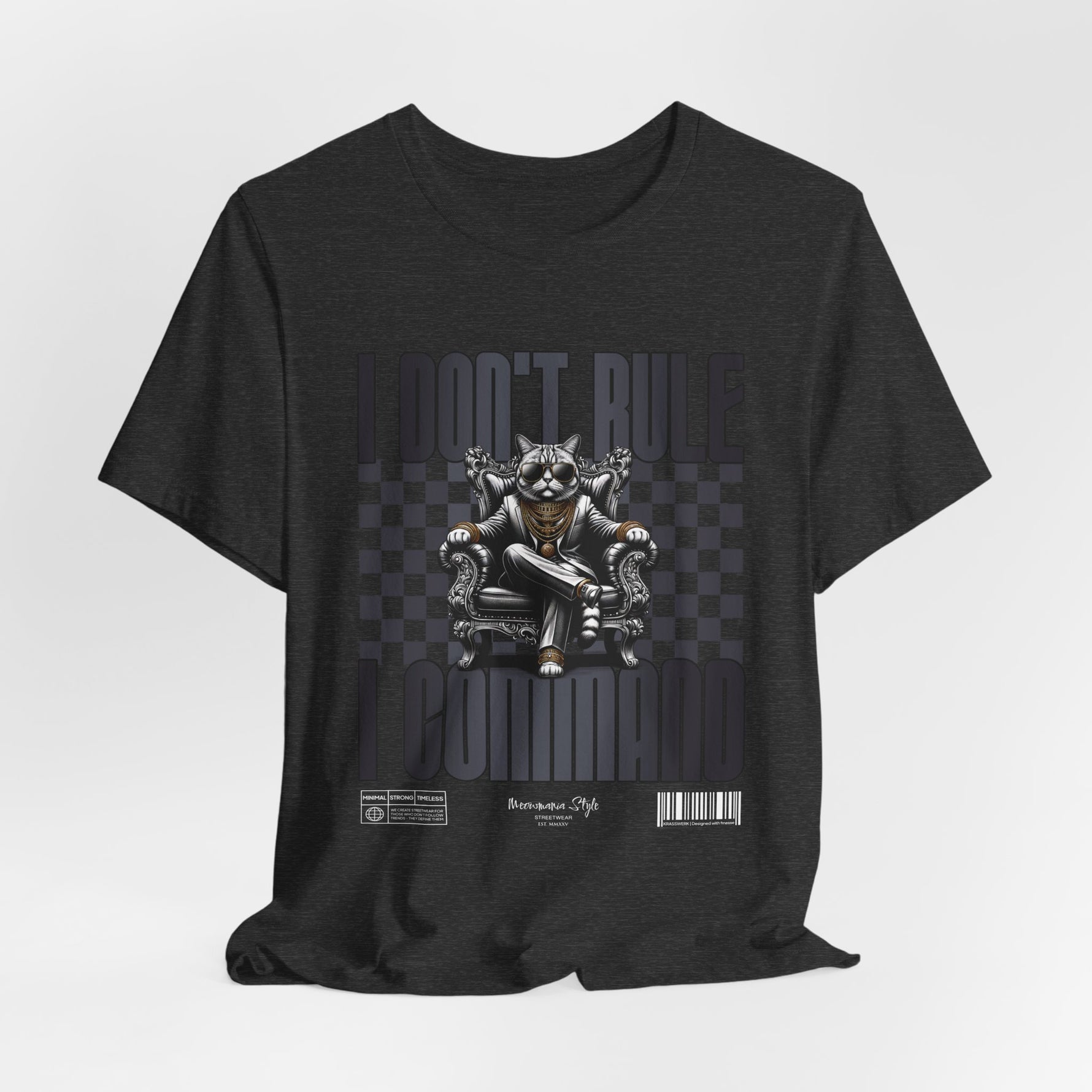 The COMMAND t-shirt in Dark Heather Grey — 3D mockup showing a charcoal-grey variation. No model, no background.