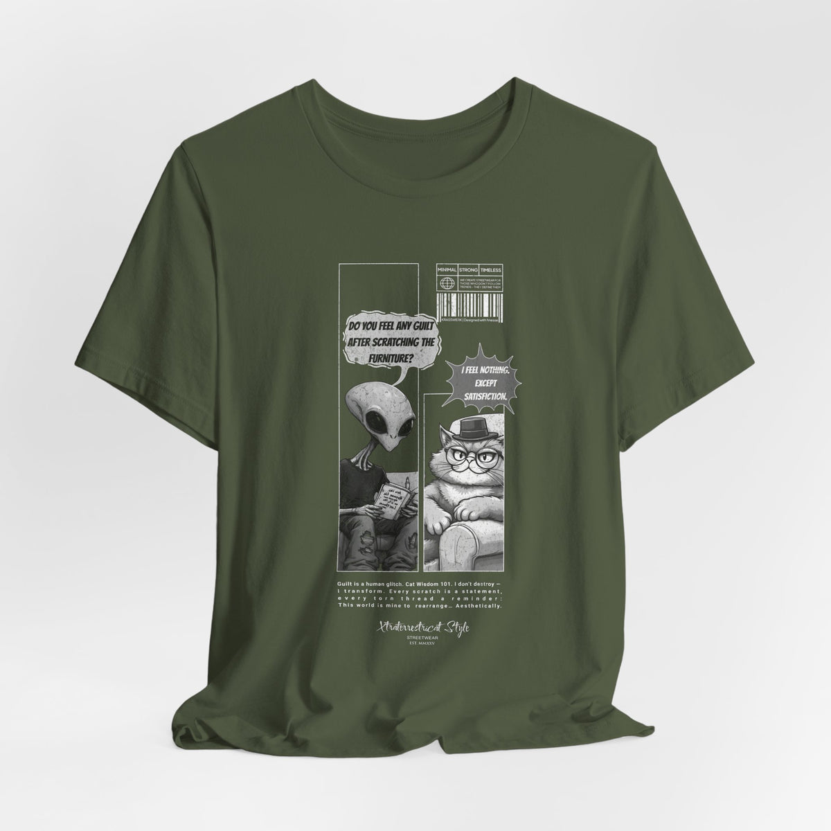 The Satisfiction t-shirt in military green — 3D mockup showing a desaturated olive green shirt. No background or model.