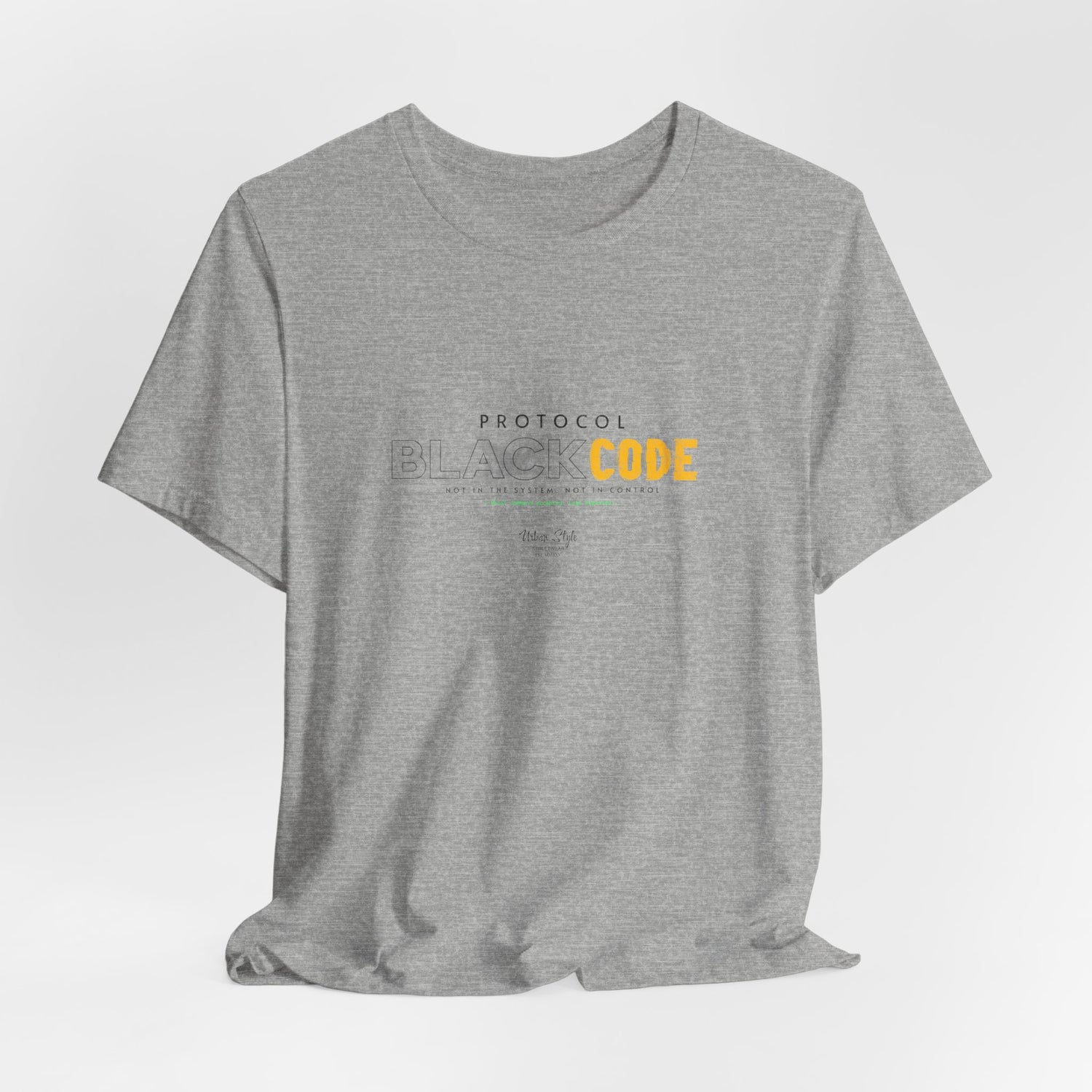 The PROTOCOL BLACKCODE t-shirt in Athletic Heather — grey static with purpose. 3D mockup of a t-shirt in light grey heather tone. No model, no background.