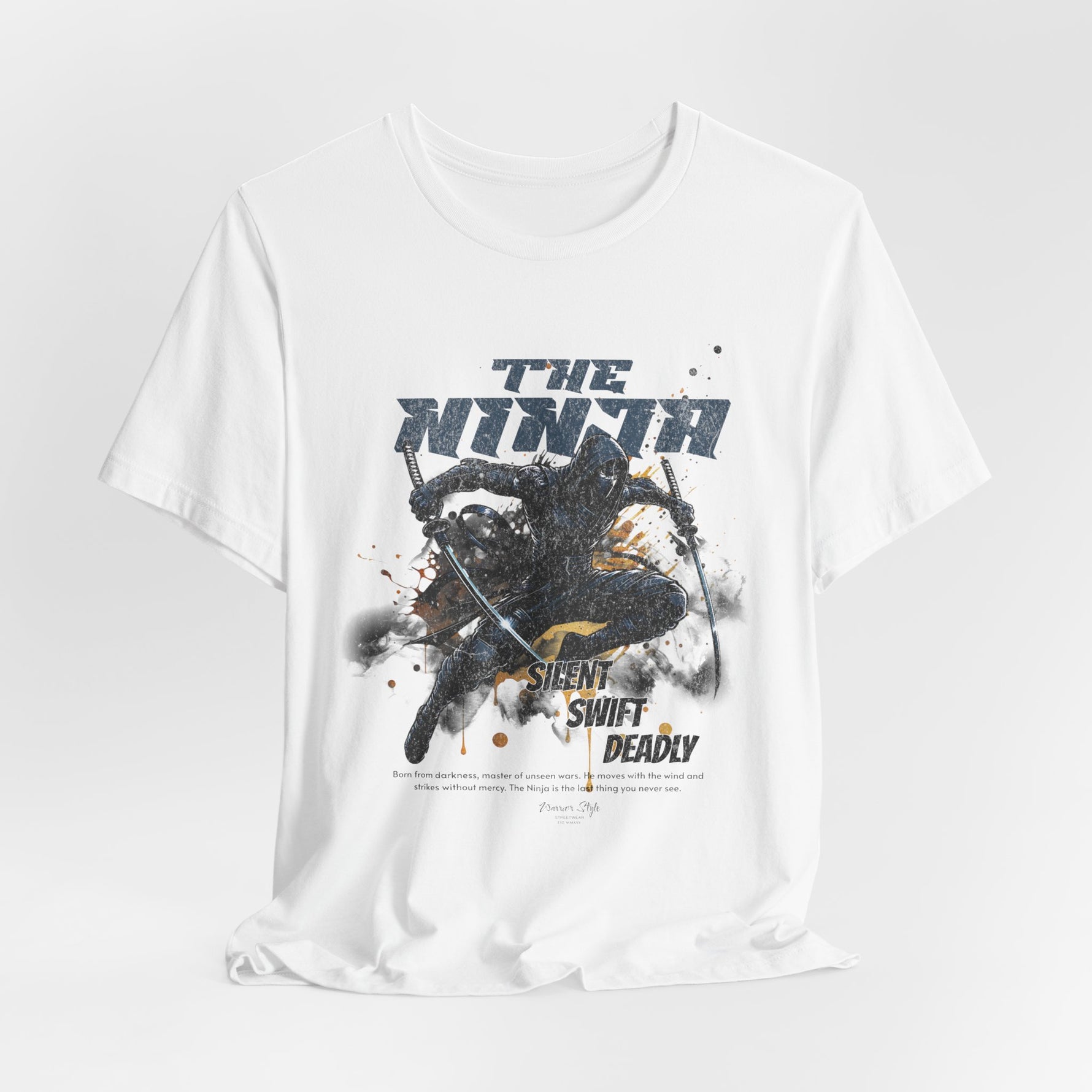 The NINJA t-shirt in White — contradiction in plain sight — clean but never innocent.