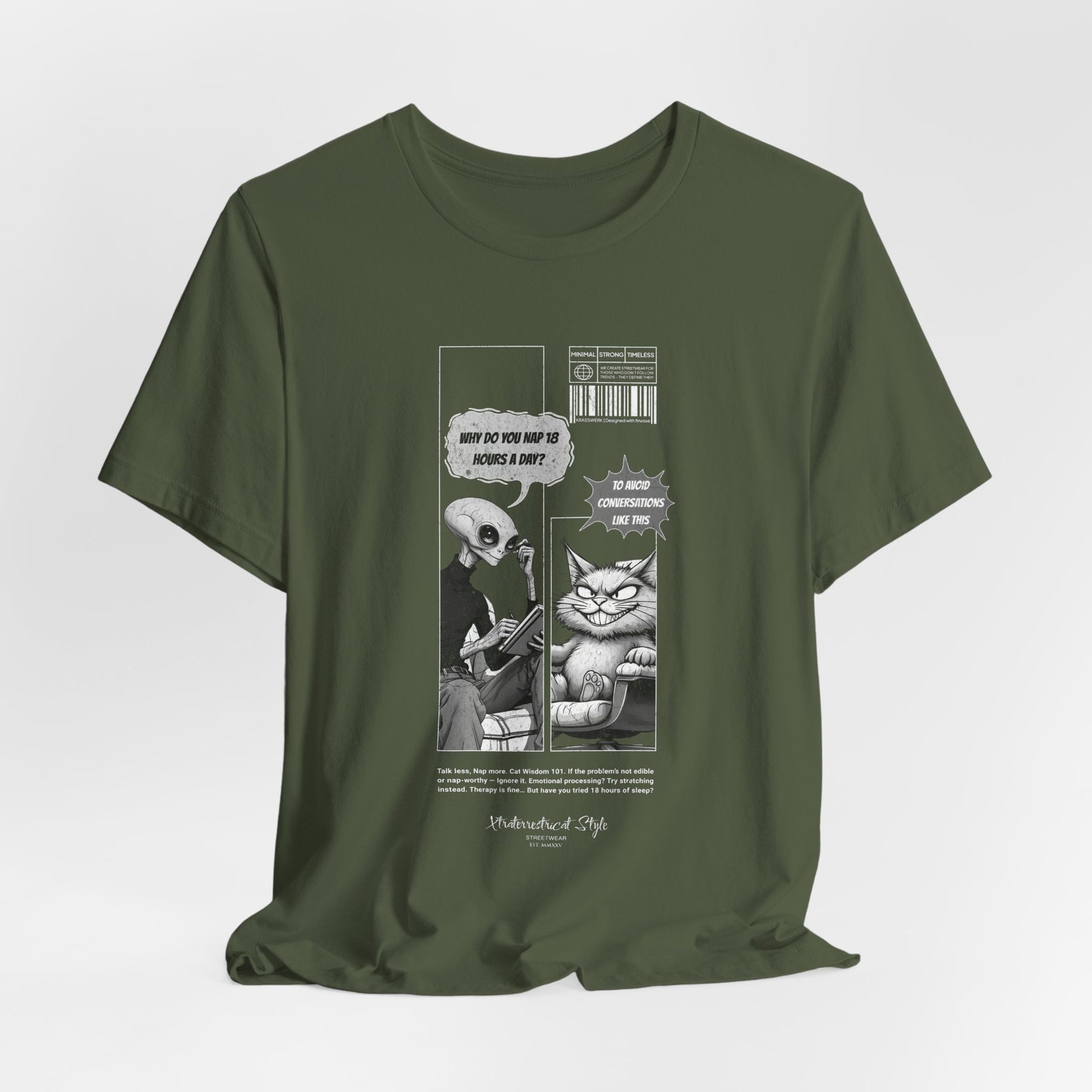 The NAP – 18h A Day t-shirt in Military Green — Earthy green gives off a laid-back vibe, matching the cat’s unbothered attitude.