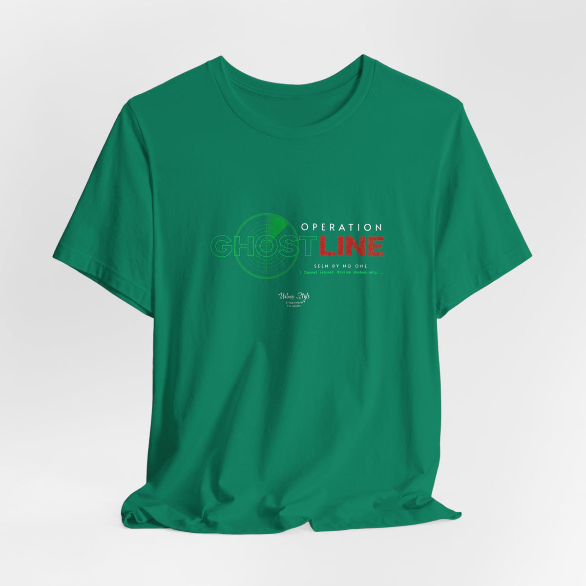 The OPERATION GHOSTLINE t-shirt in kelly — tracking in green, detected by none.