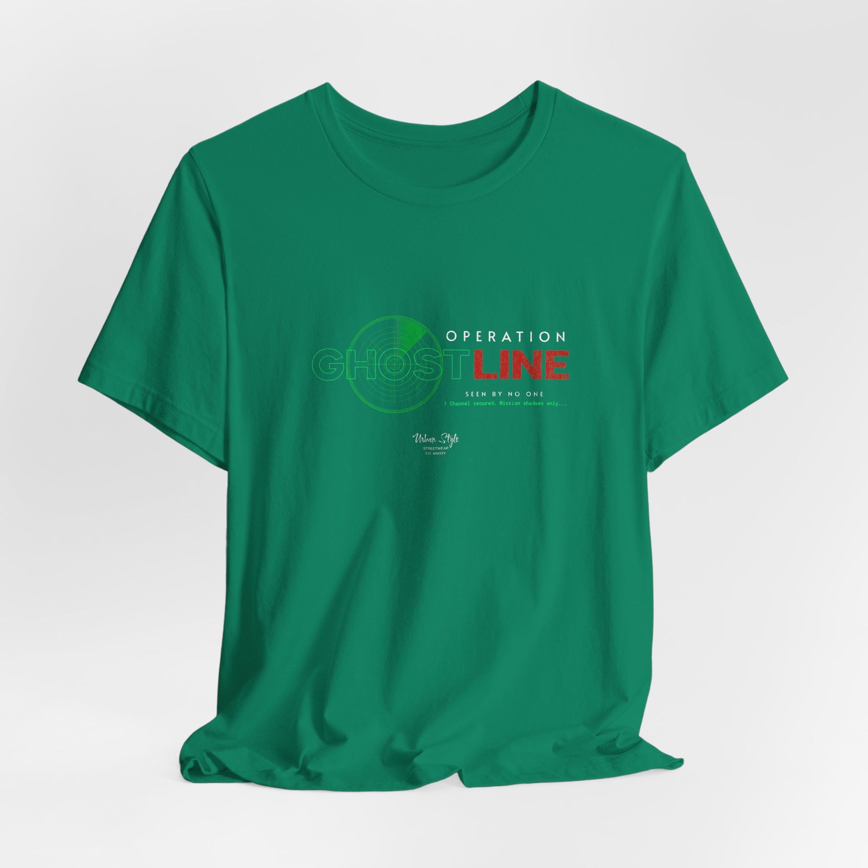 The OPERATION GHOSTLINE t-shirt in kelly — tracking in green, detected by none.