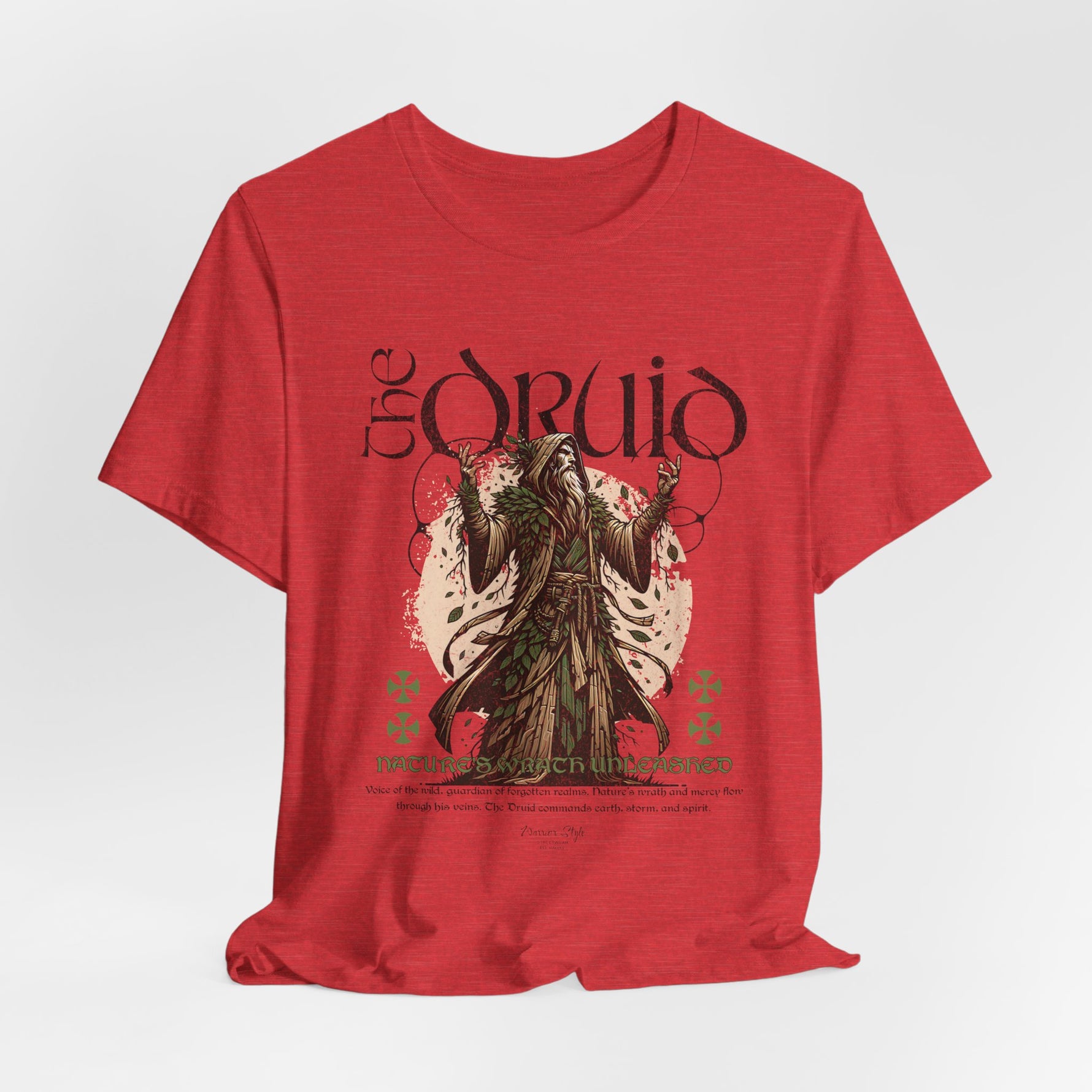 The DRUID t-shirt in Heather Red — blood of the forest, pulsing with ancient rites.
