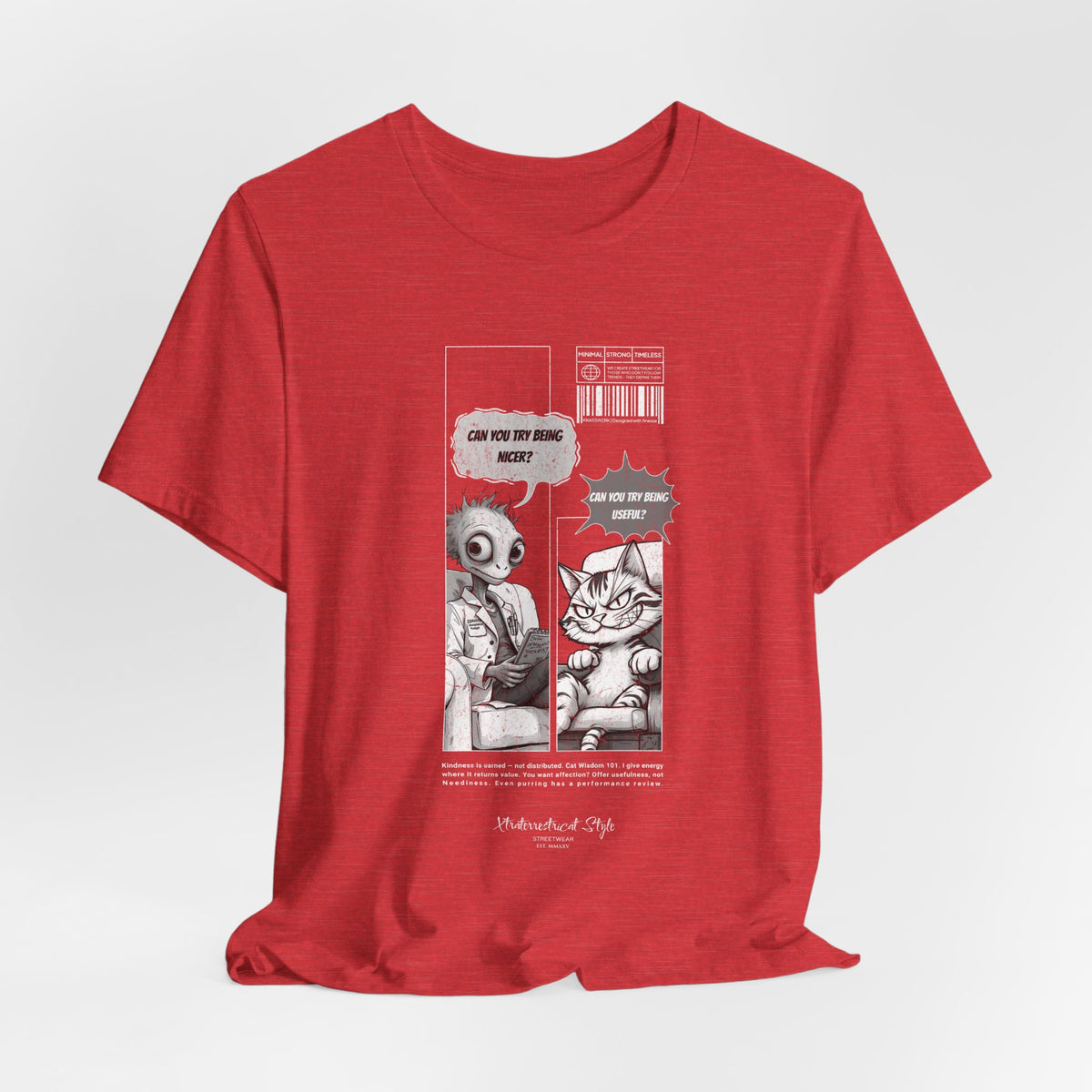 The BEING NICER t-shirt in heatherred — bold red meets unapologetic wit.