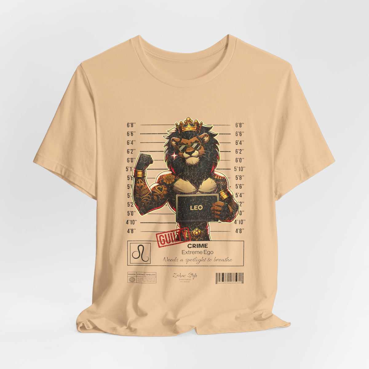The LEO t-shirt in Sand Dune – 3D mockup of a beige-toned shirt, lion graphic in focus. NO BACKGROUND, NO MODEL.