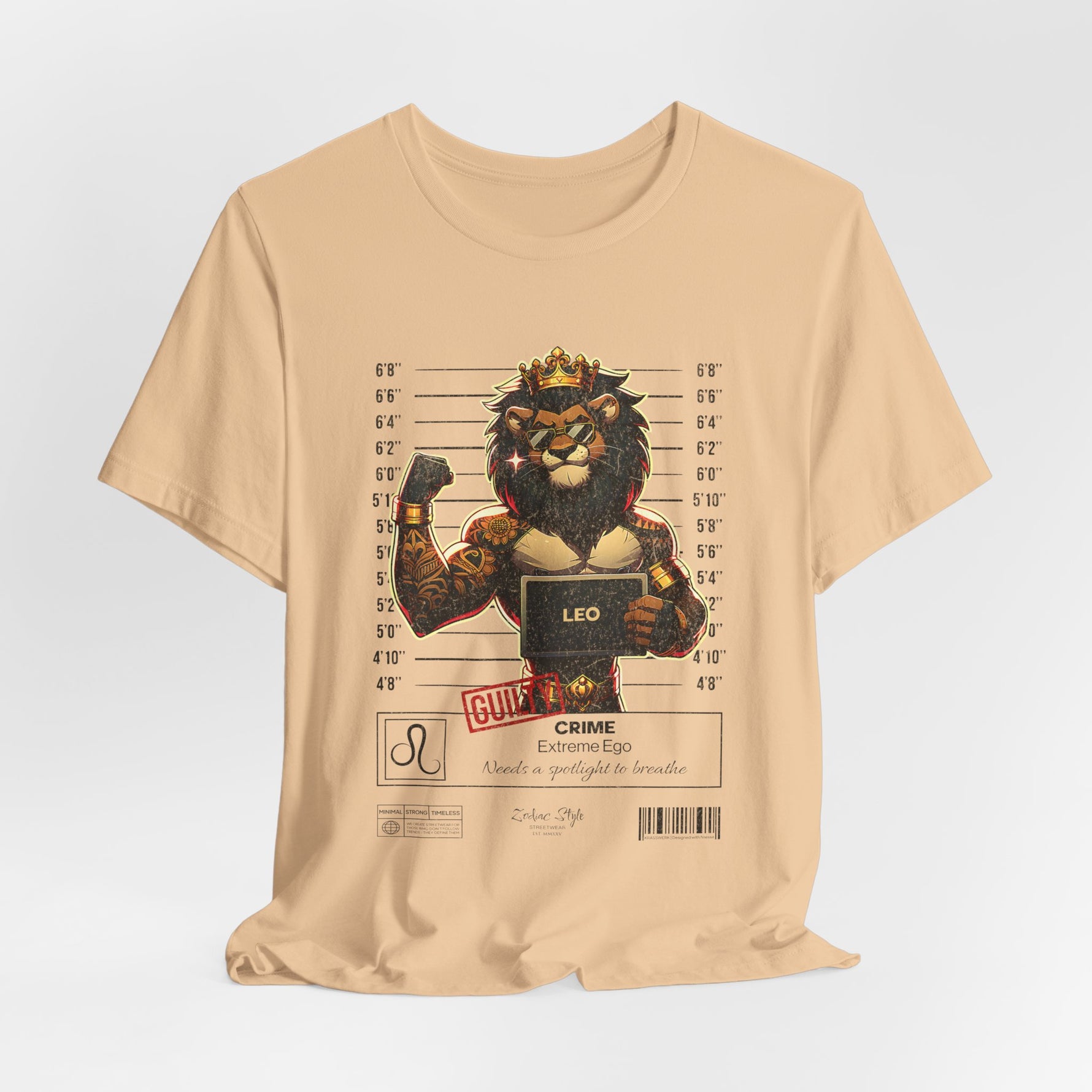 The LEO t-shirt in Sand Dune – 3D mockup of a beige-toned shirt, lion graphic in focus. NO BACKGROUND, NO MODEL.