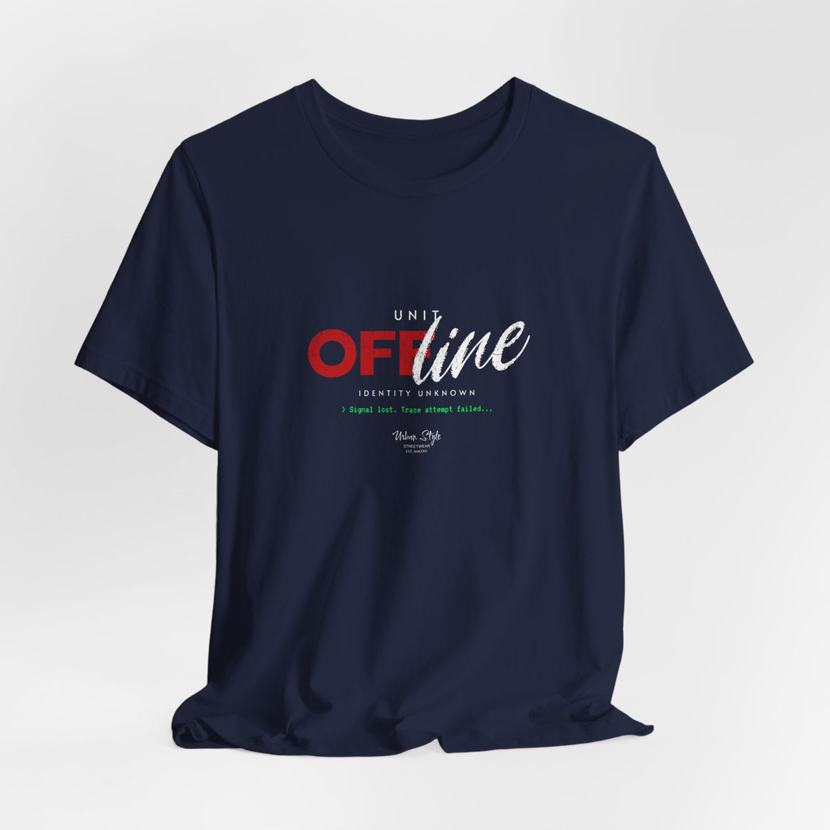 The UNIT OFFLINE t-shirt in navy — deep-signal silence, no return ping.